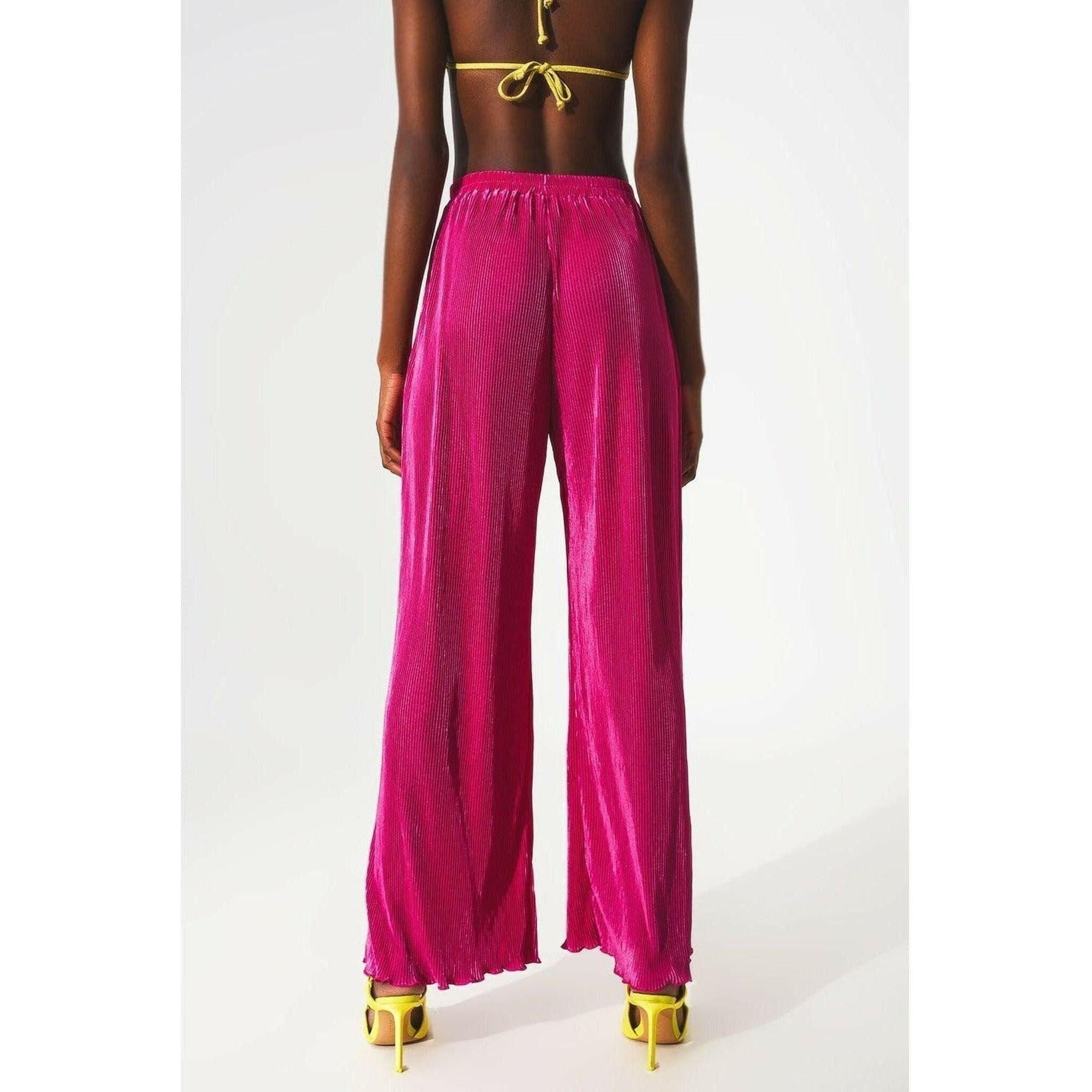 Satin Pleated Wide Leg Pants in Fuchsia.