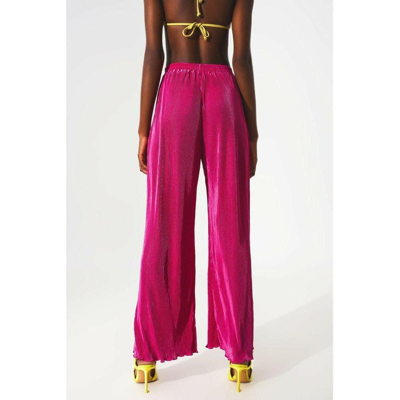 Satin Pleated Wide Leg Pants in Fuchsia