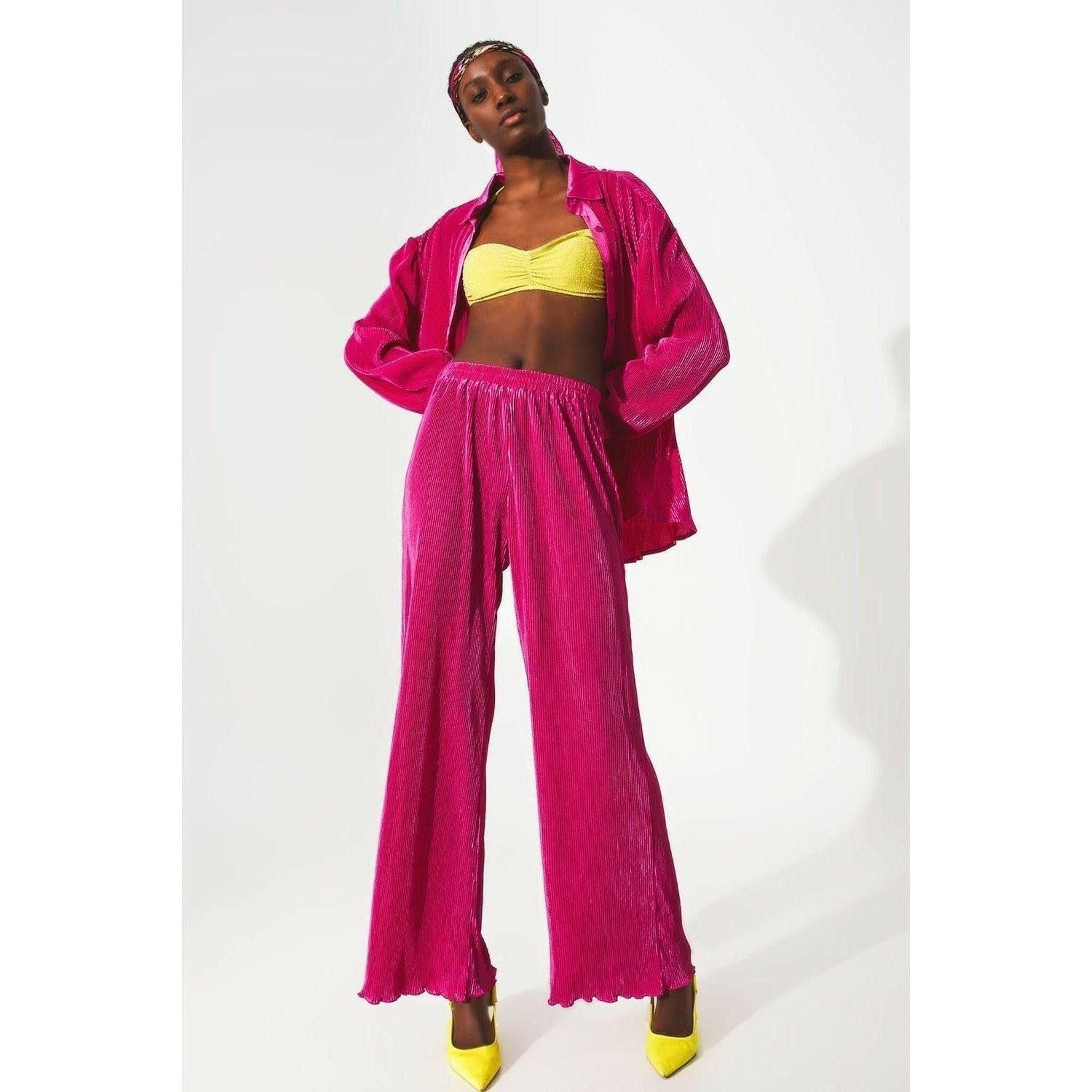 Satin Pleated Wide Leg Pants in Fuchsia.