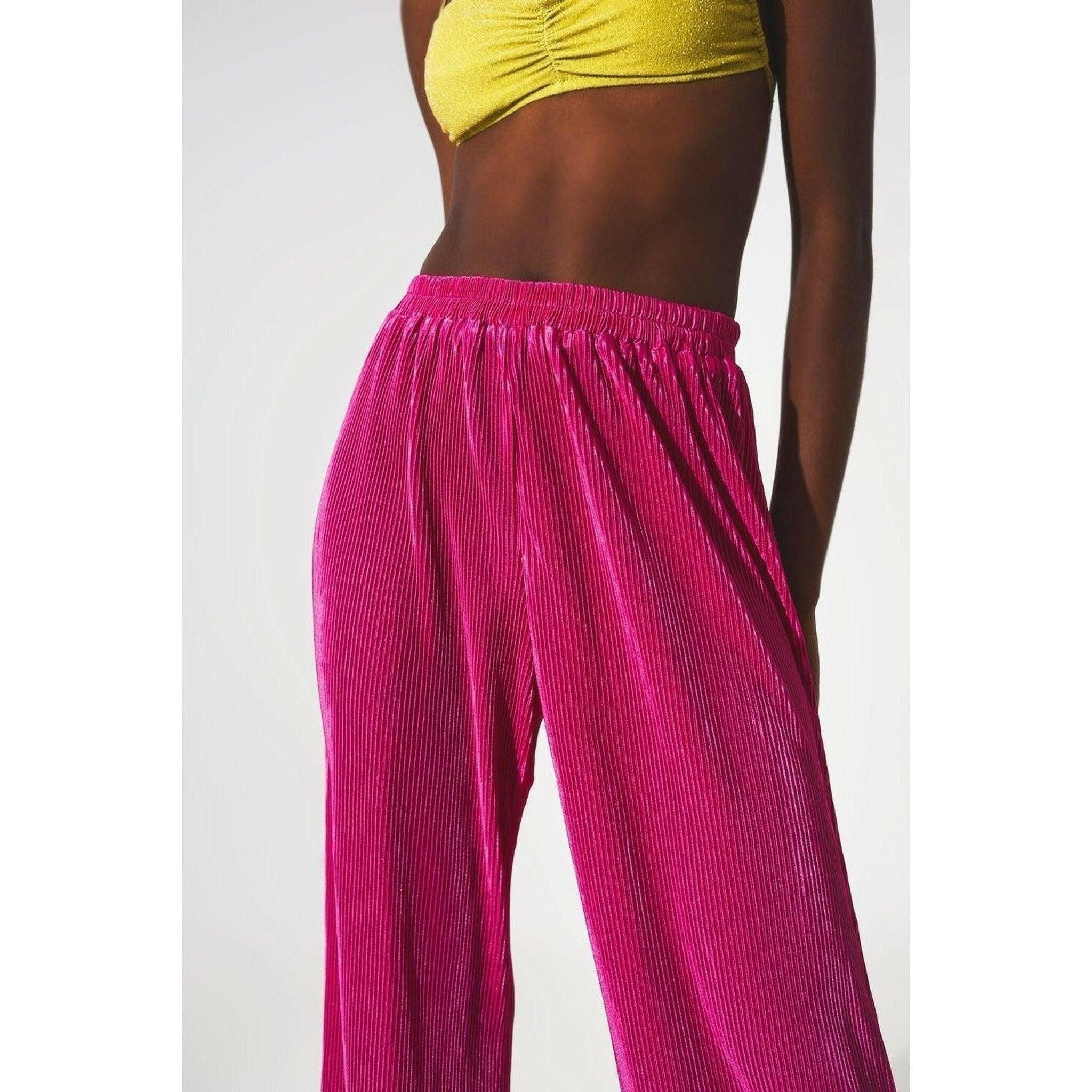 Satin Pleated Wide Leg Pants in Fuchsia.