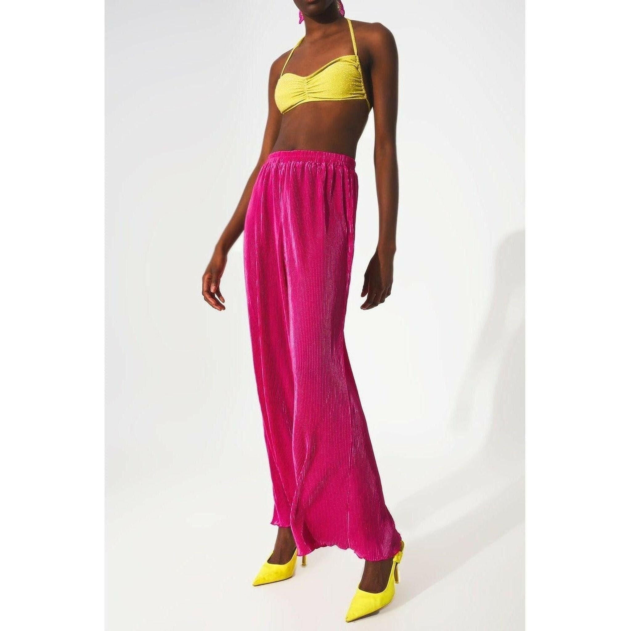 Satin Pleated Wide Leg Pants in Fuchsia.