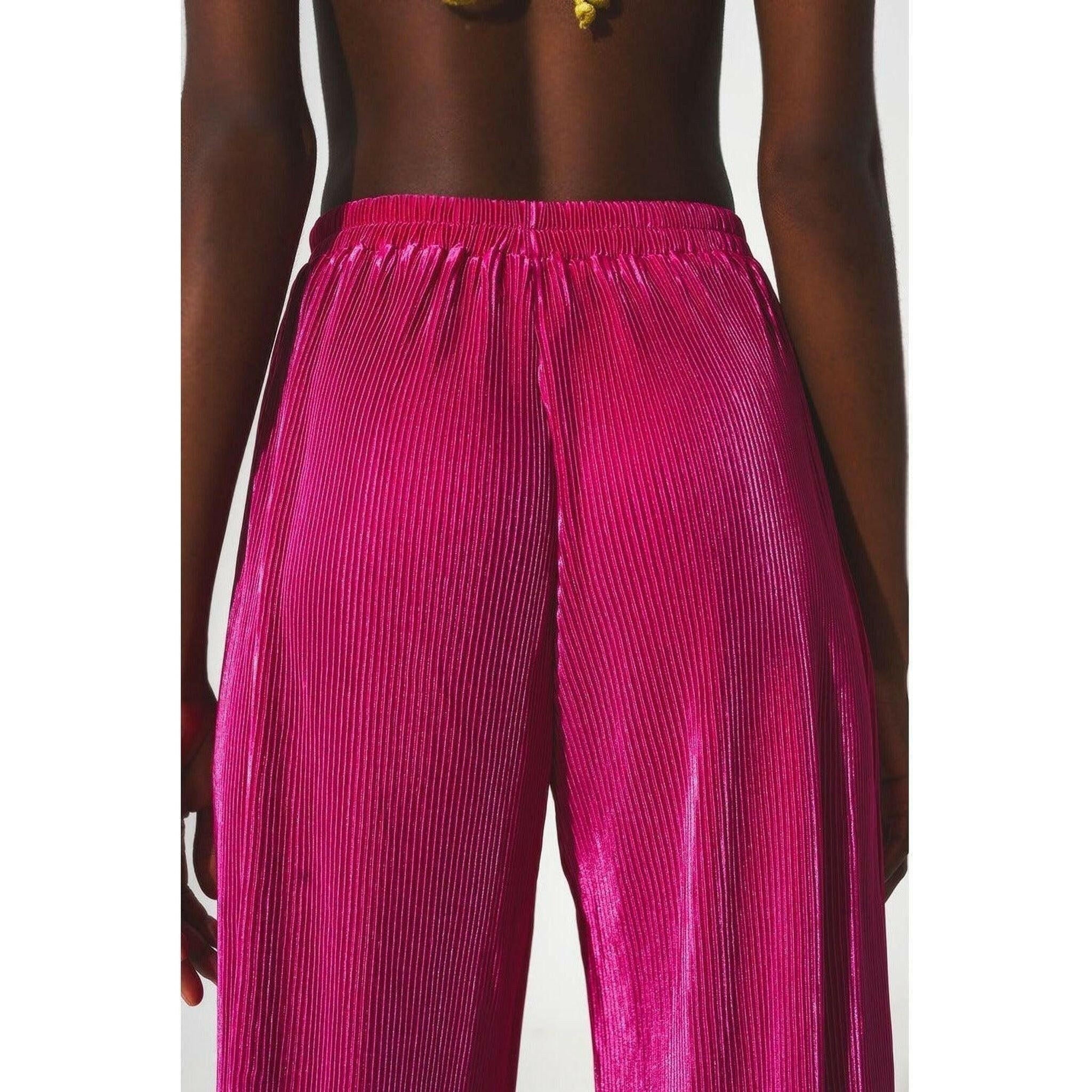 Satin Pleated Wide Leg Pants in Fuchsia.