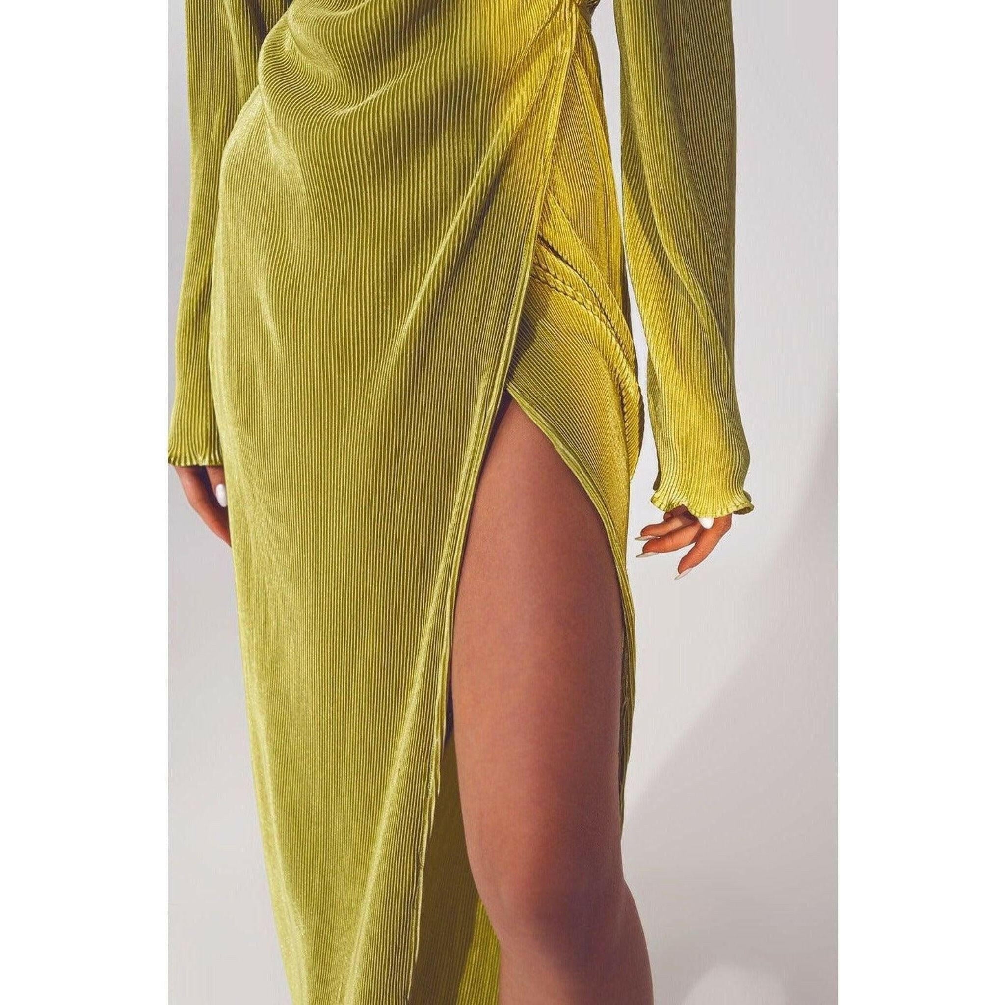 Satin Wrap Detail Pleated Dress in Green.