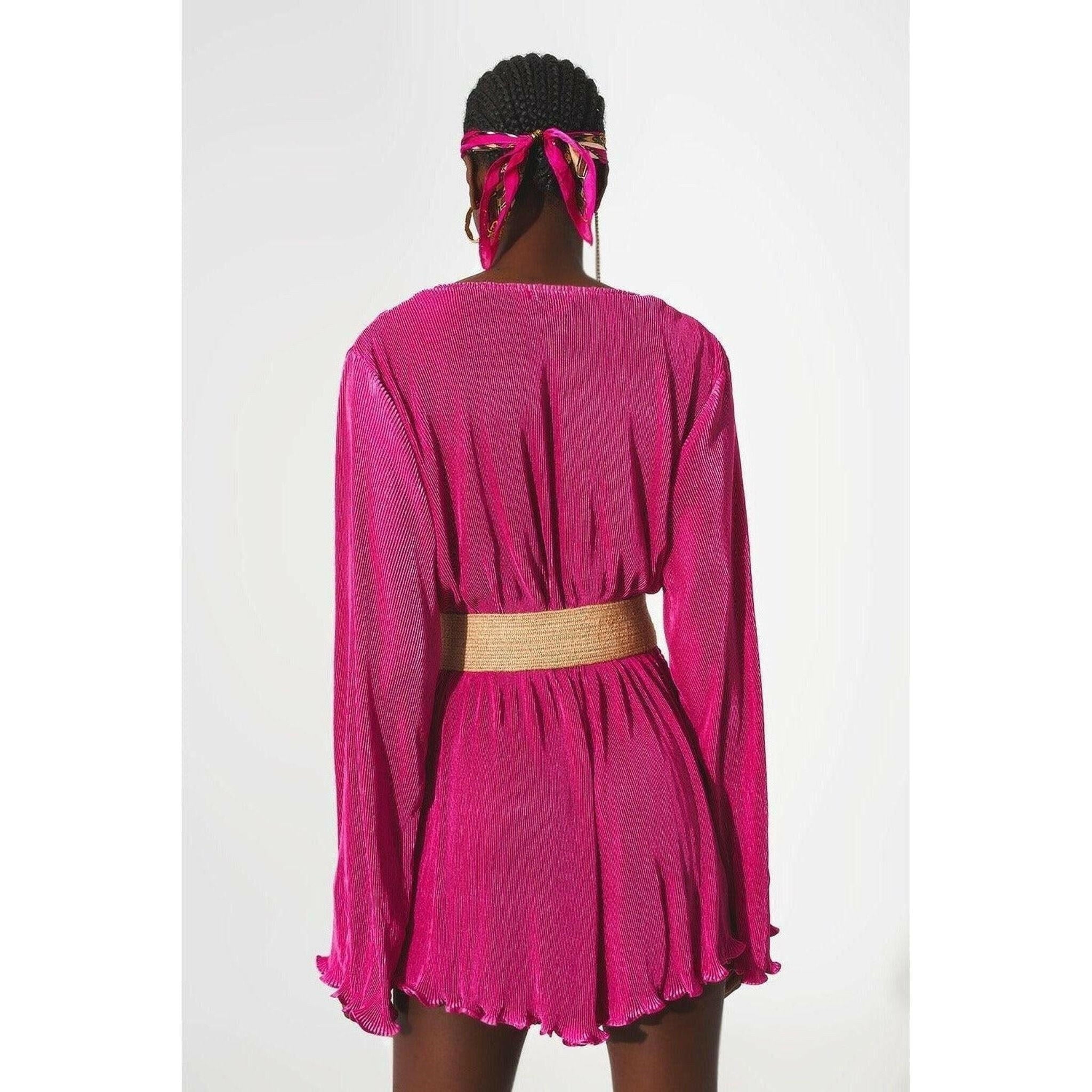 Satin Wrap Detail Pleated Short Jumpsuit in Fuchsia.