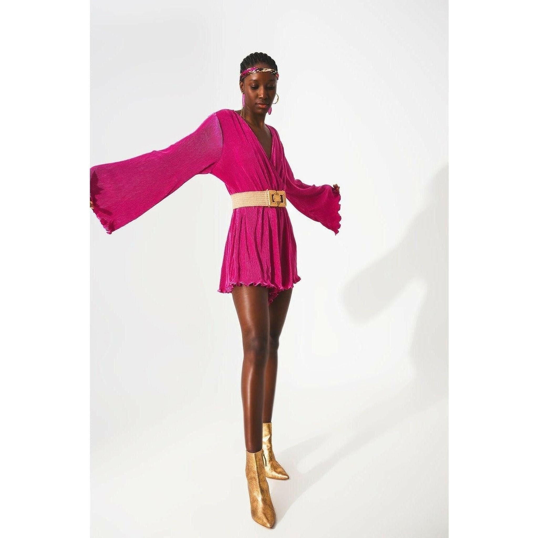 Satin Wrap Detail Pleated Short Jumpsuit in Fuchsia.