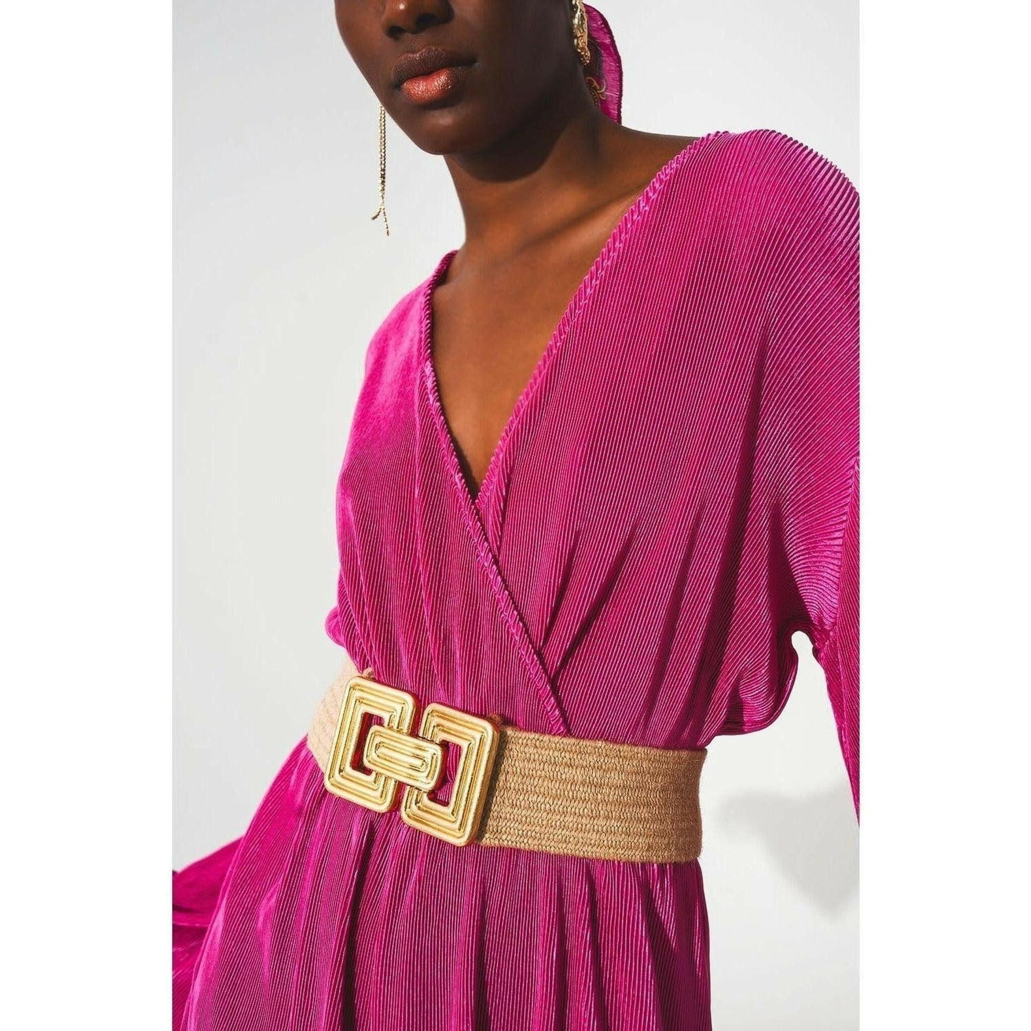 Satin Wrap Detail Pleated Short Jumpsuit in Fuchsia.