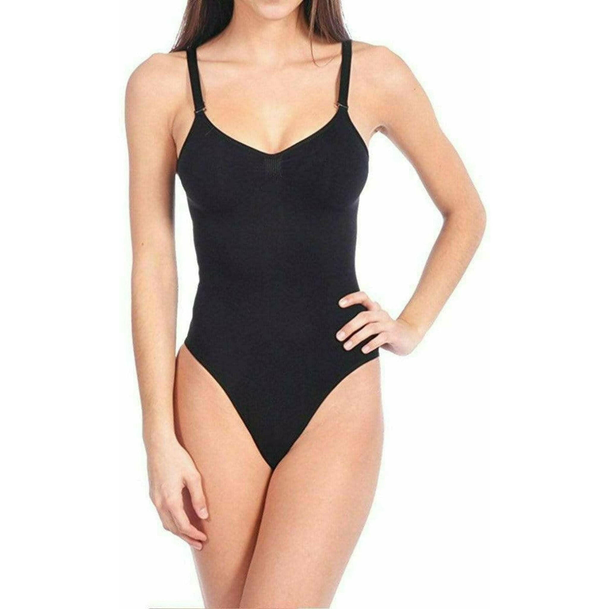 Seamless Bodysuit with Adjustable Straps in Black.