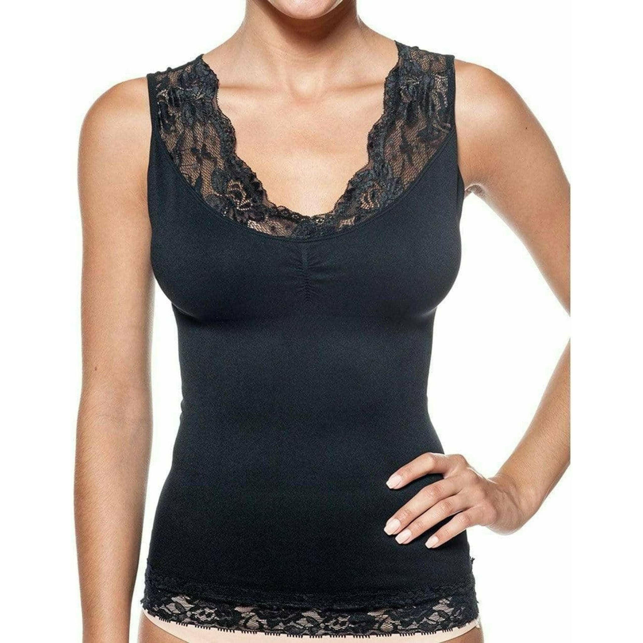 Seamless Shaping Tank Top With Lace Detail - Black.