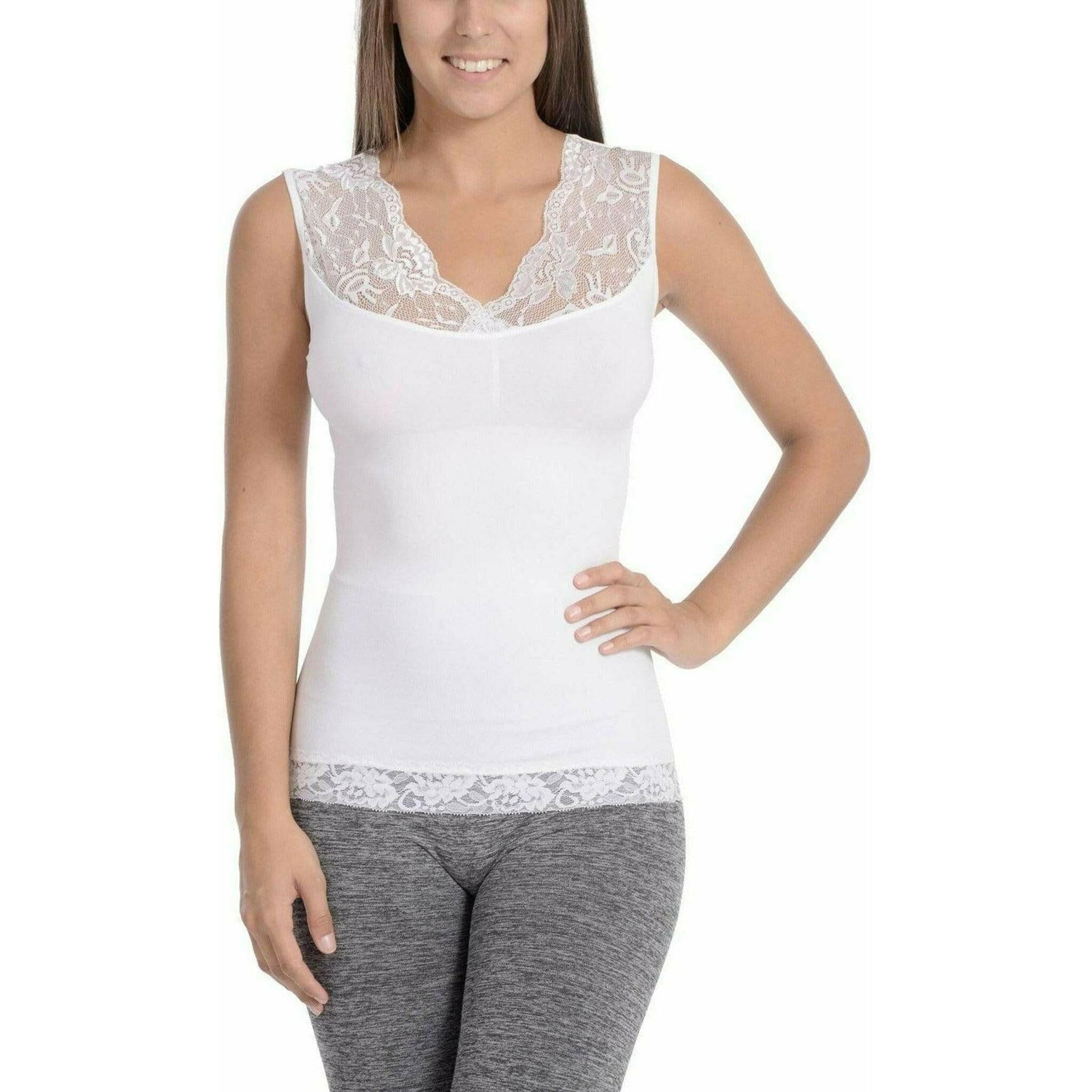 Seamless Shaping Tank Top With Lace Detail - White.