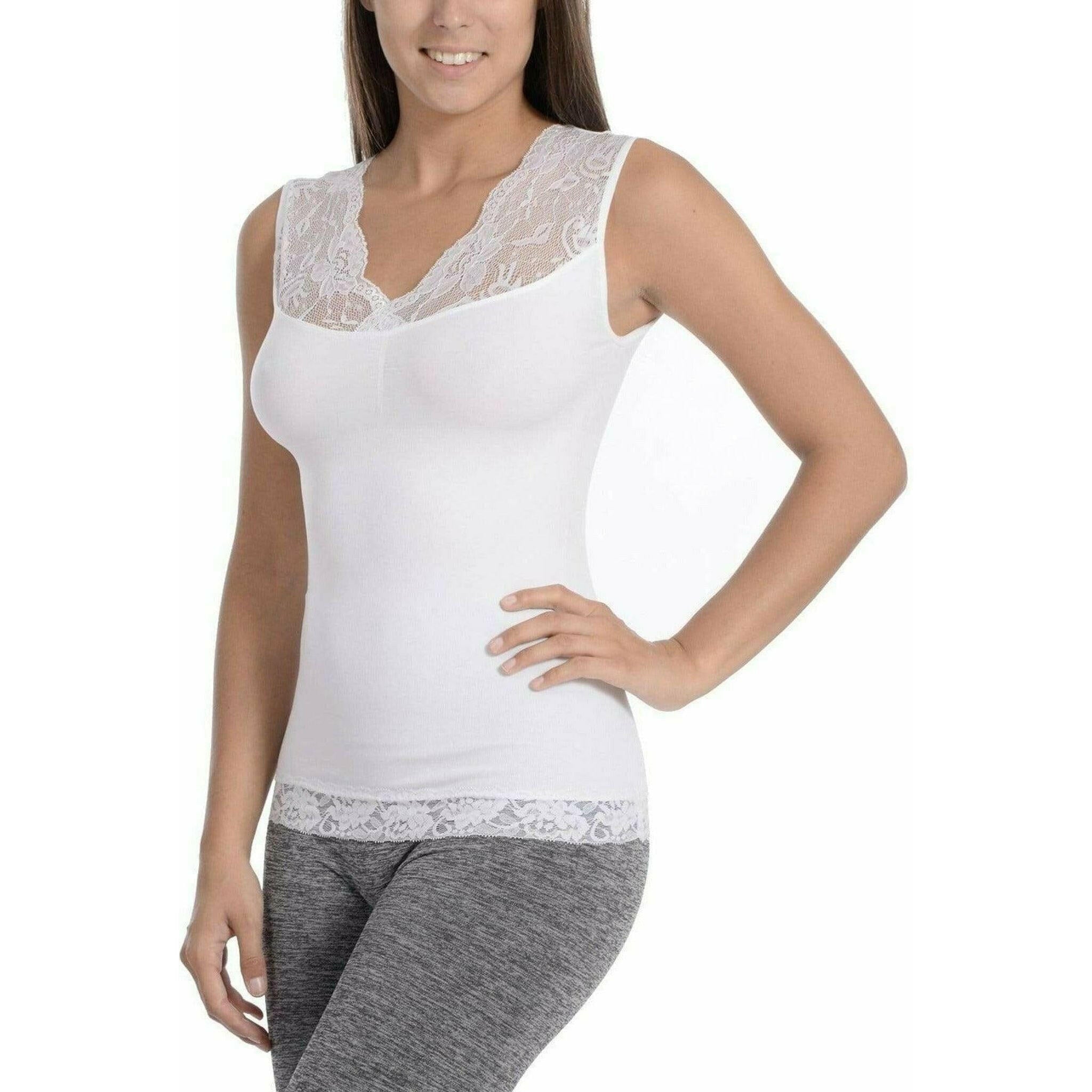 Seamless Shaping Tank Top With Lace Detail - White.