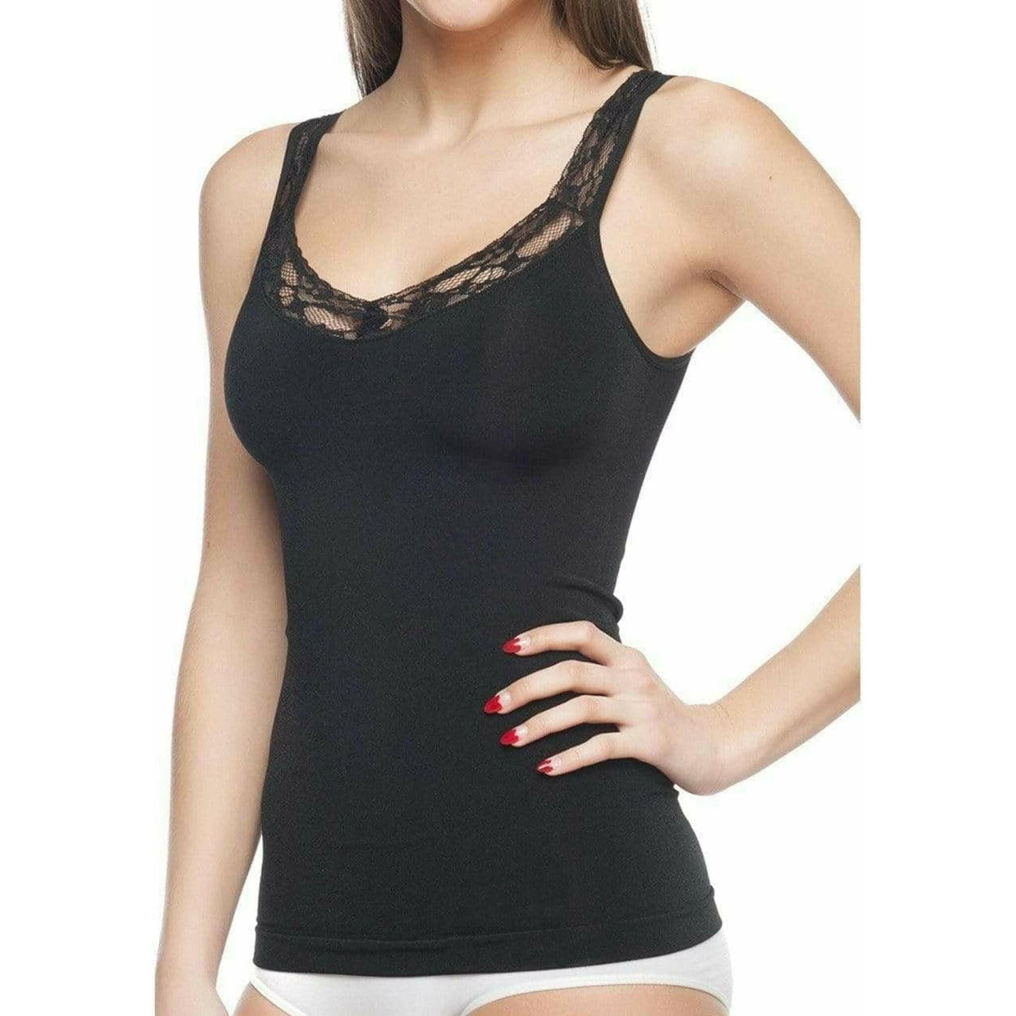 Seamless Shaping Tank Top With Lace Trim - Black.