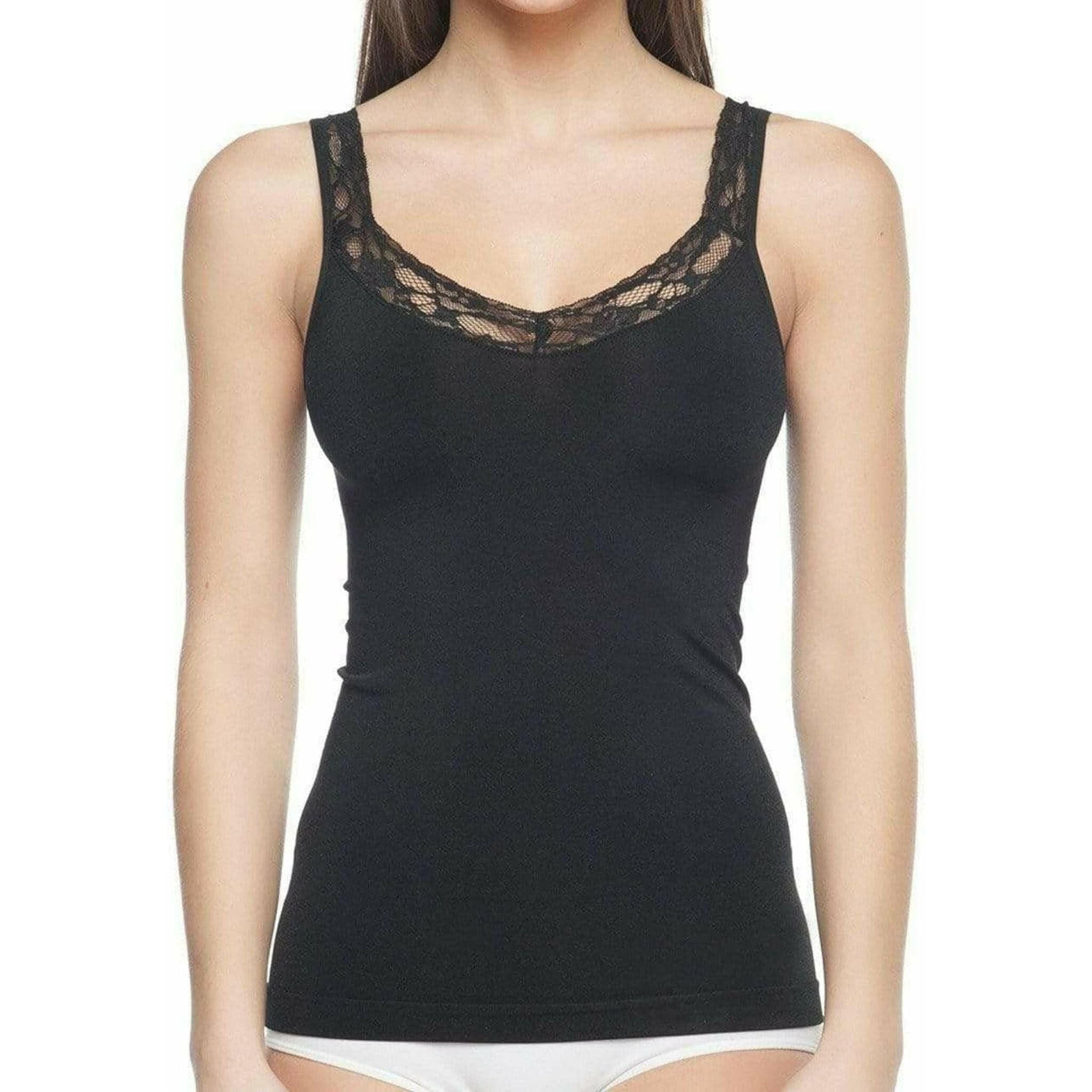 Seamless Shaping Tank Top With Lace Trim - Black.