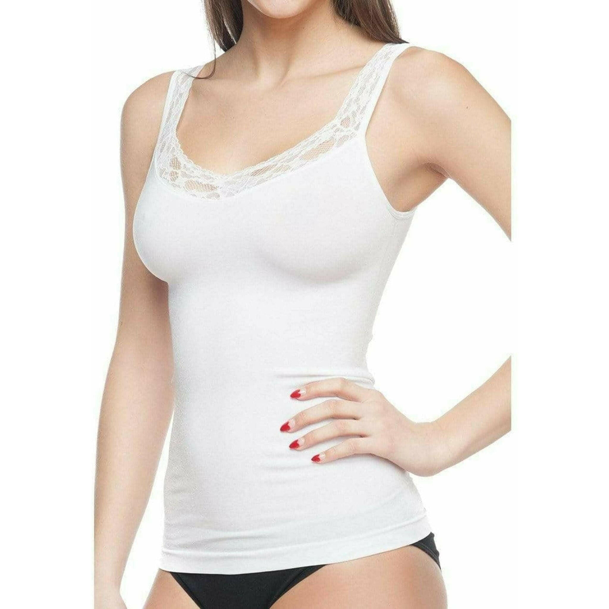 Seamless Shaping Tank Top With Lace Trim White.