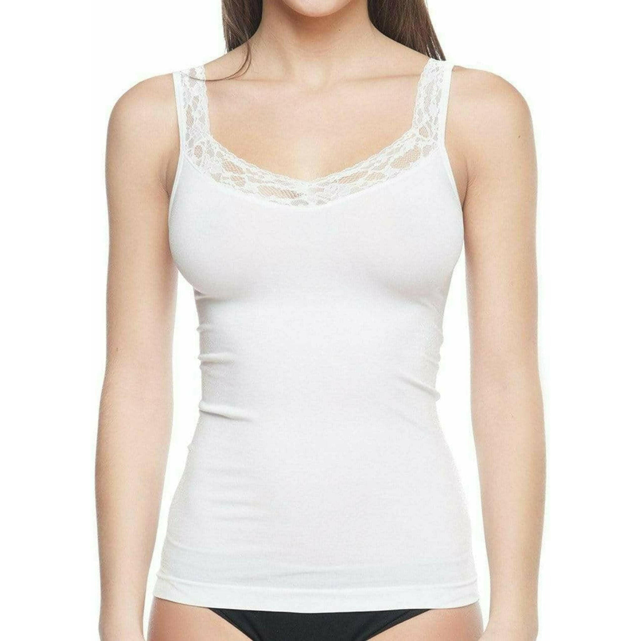 Seamless Shaping Tank Top With Lace Trim White.