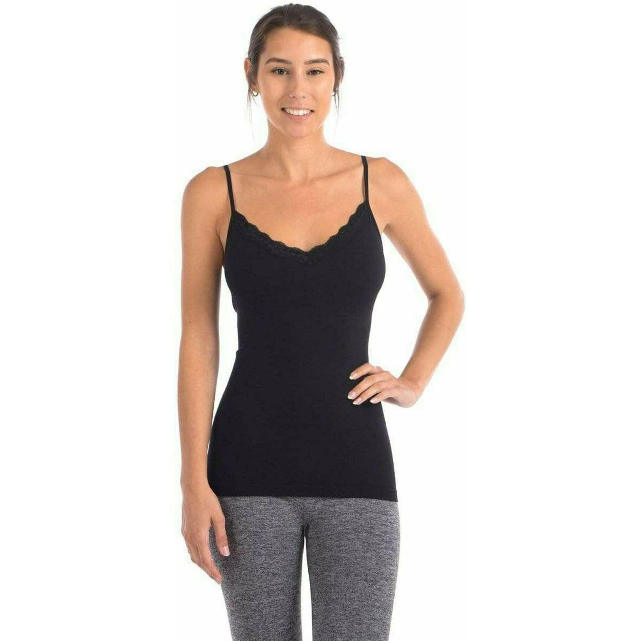 Seamless Slimming Camisole With Lace Trim at Neckline - Black.