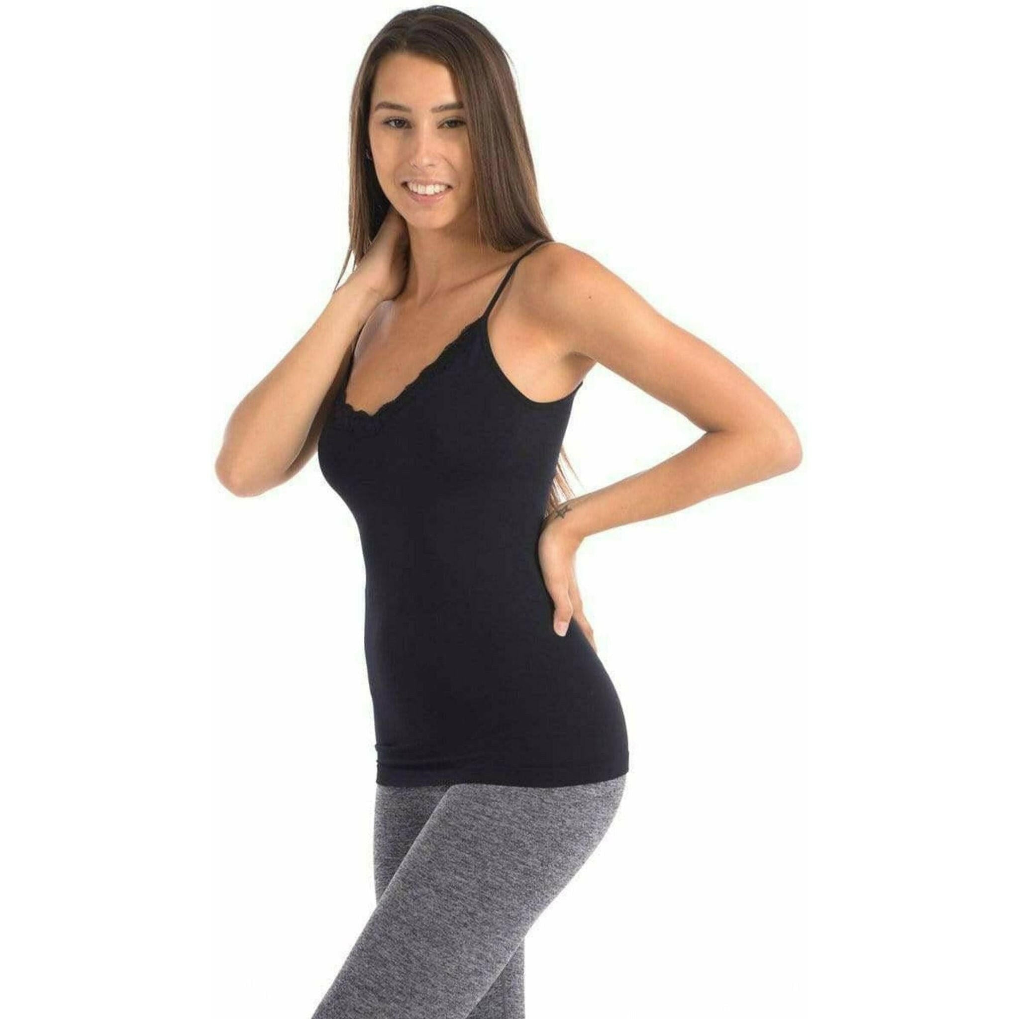 Seamless Slimming Camisole With Lace Trim at Neckline - Black.