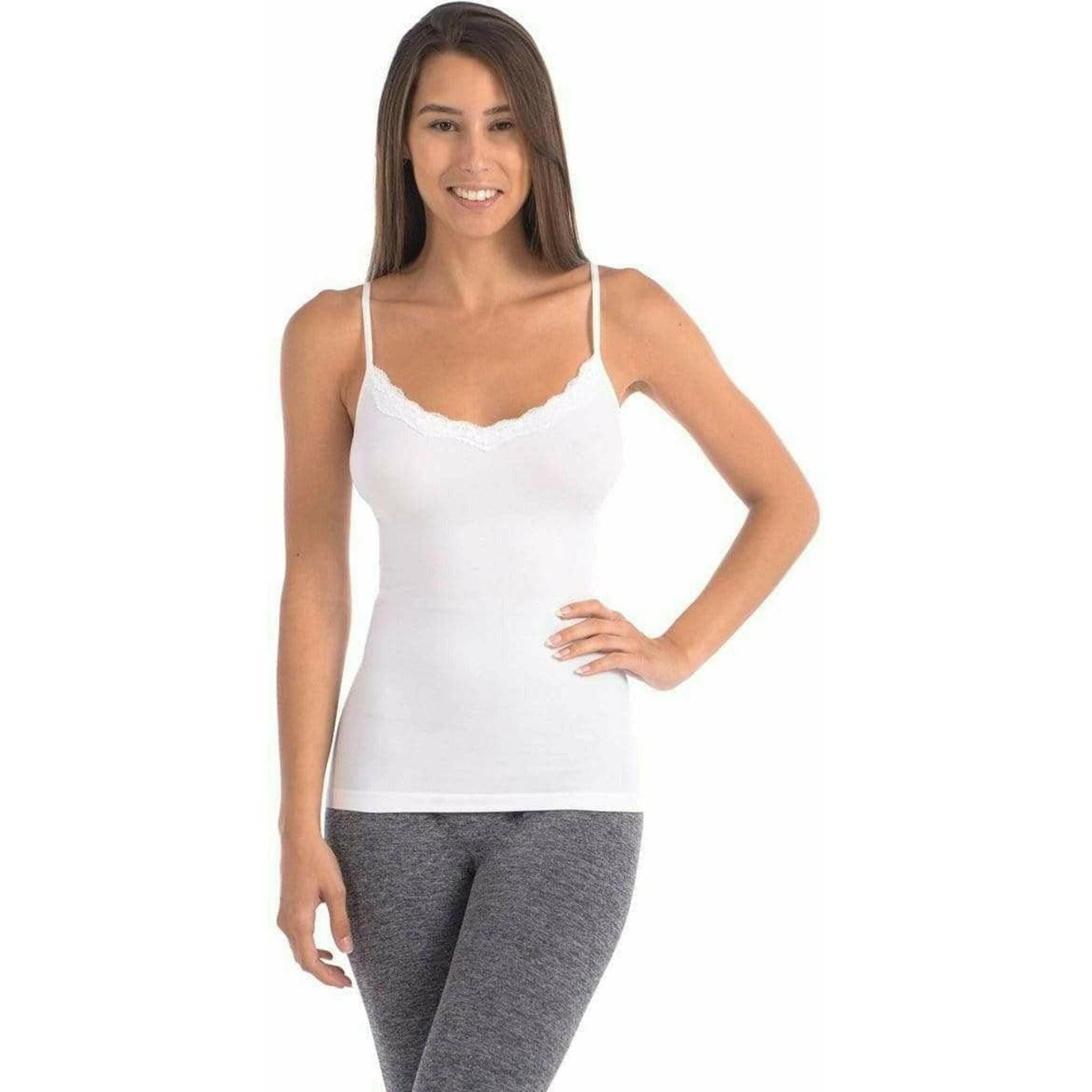 Seamless Slimming Camisole With Lace Trim at Neckline - White.