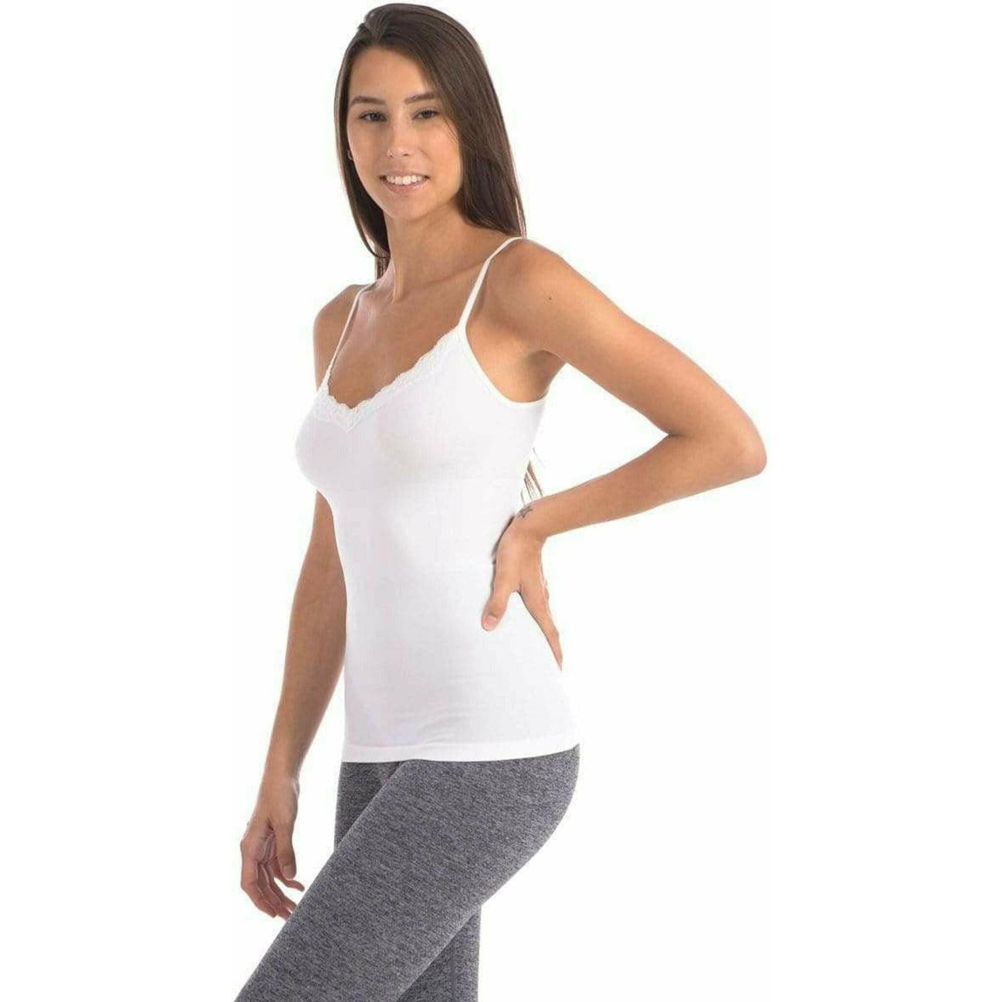 Seamless Slimming Camisole With Lace Trim at Neckline - White.