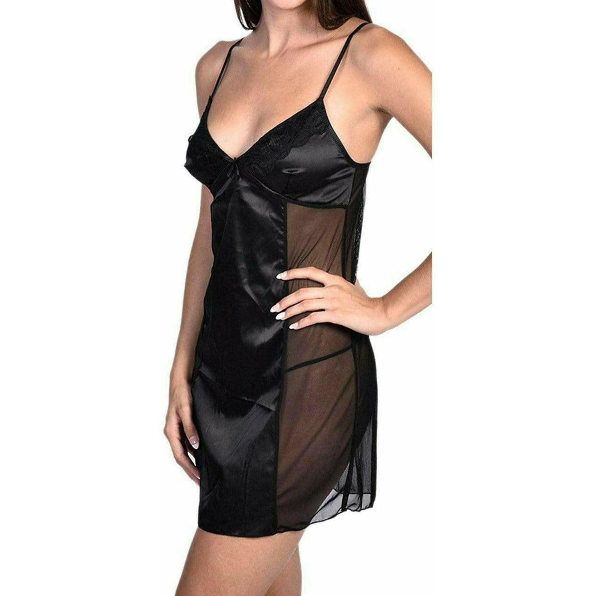 Sexy Satin & Sheer Mesh Slip With Panty Black.