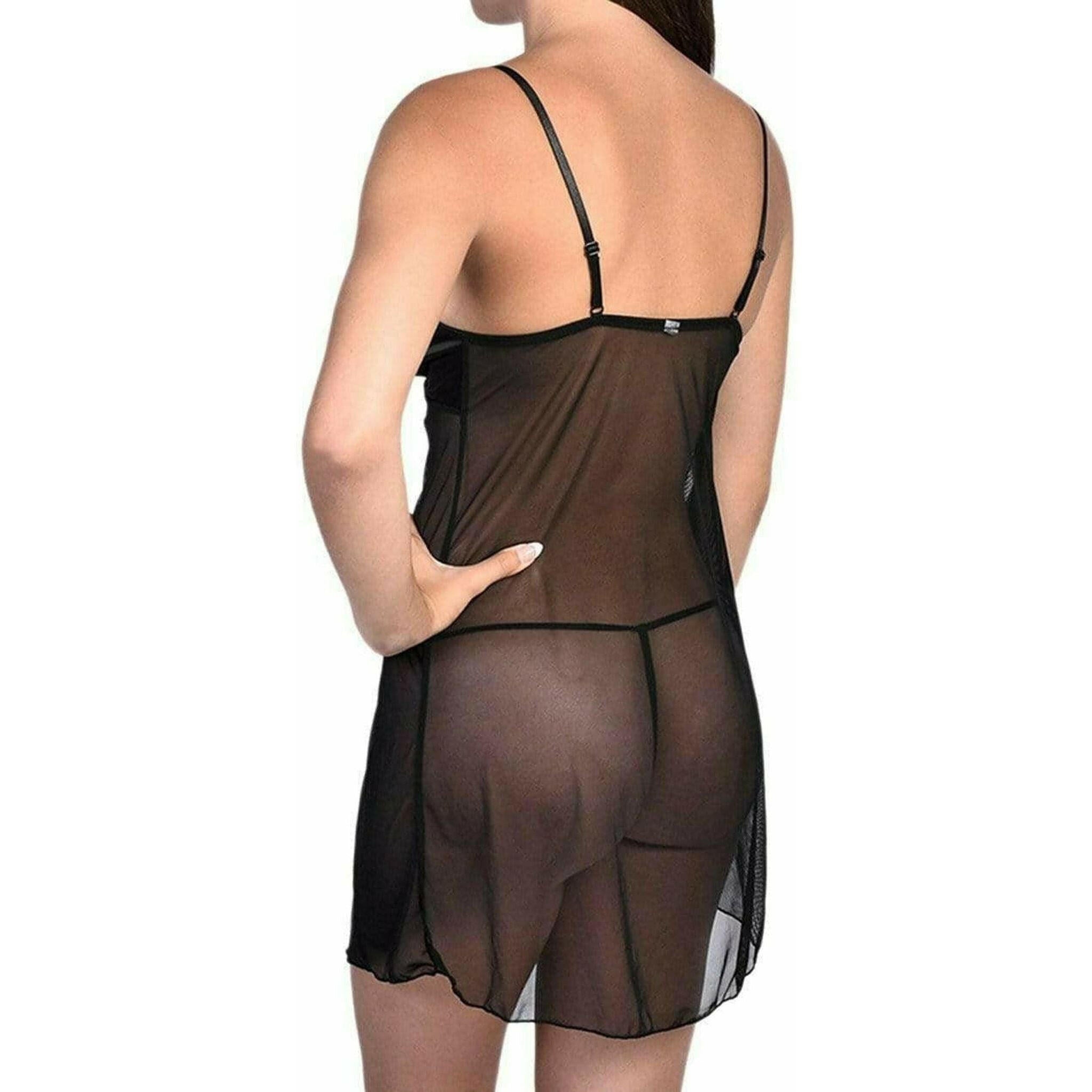 Sexy Satin & Sheer Mesh Slip With Panty Black.