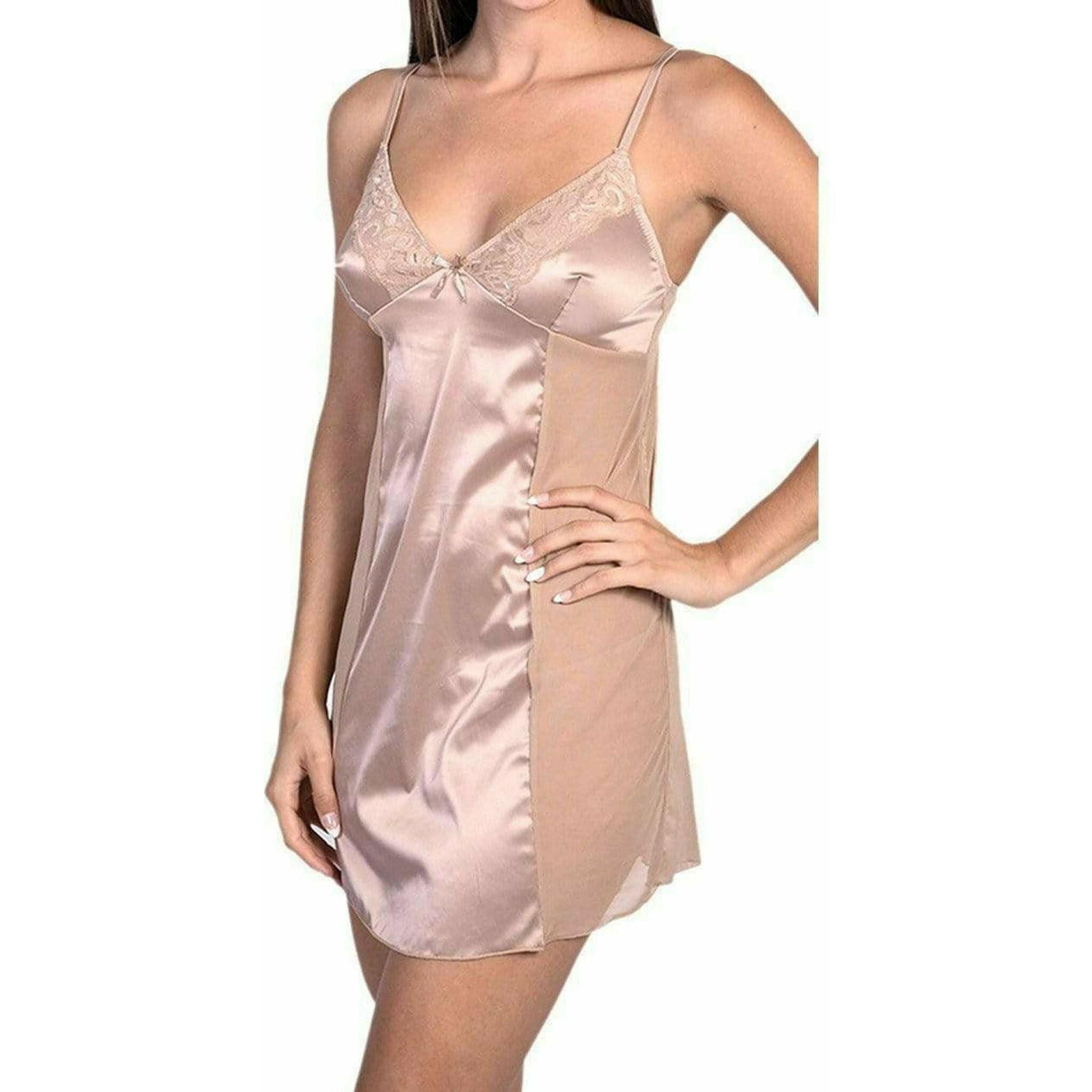 Sexy Satin & Sheer Mesh Slip With Panty Nude.