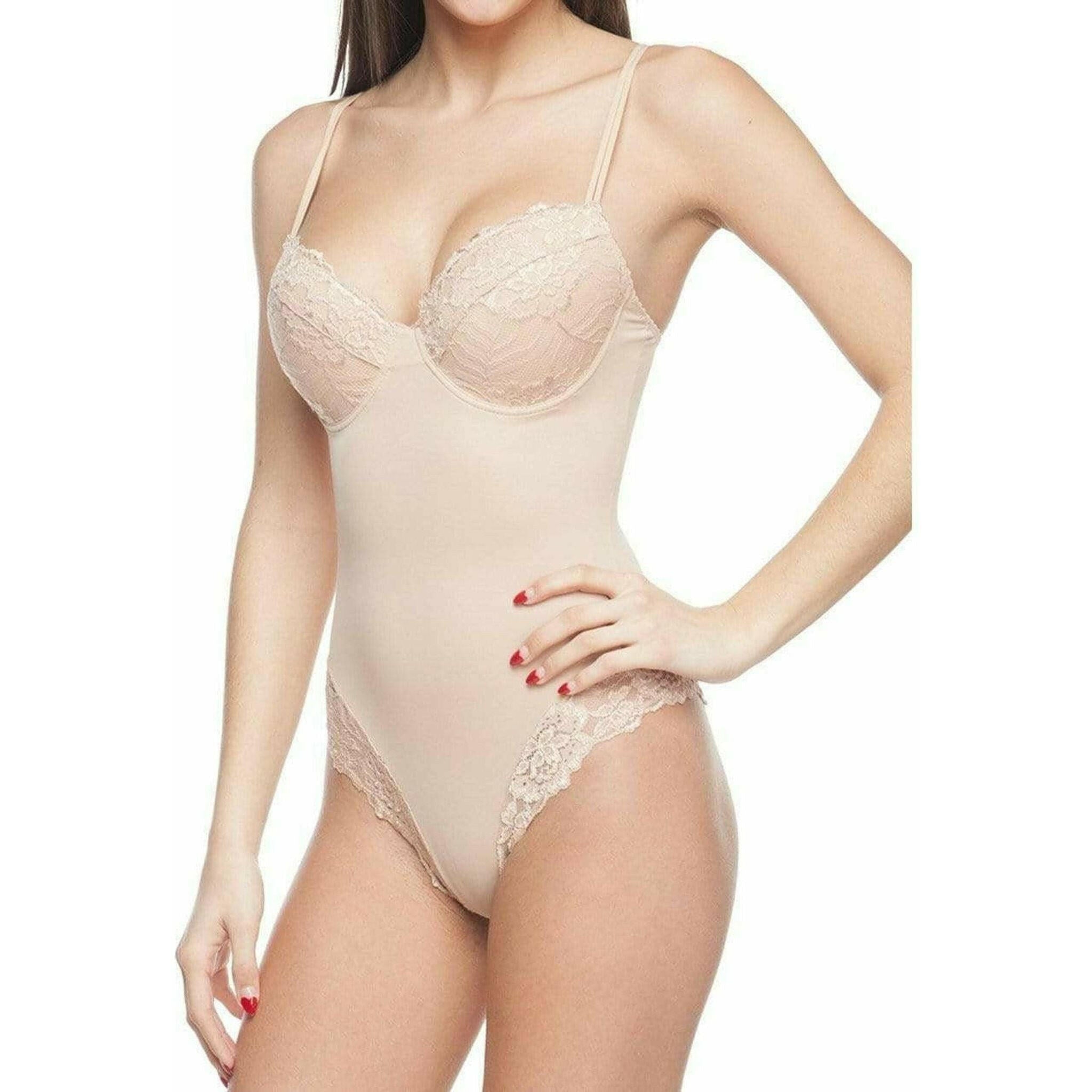 Smooth and Silky Bodysuit Shaper with Built-In Wire Bra and Sexy Lace Trim in Nude.