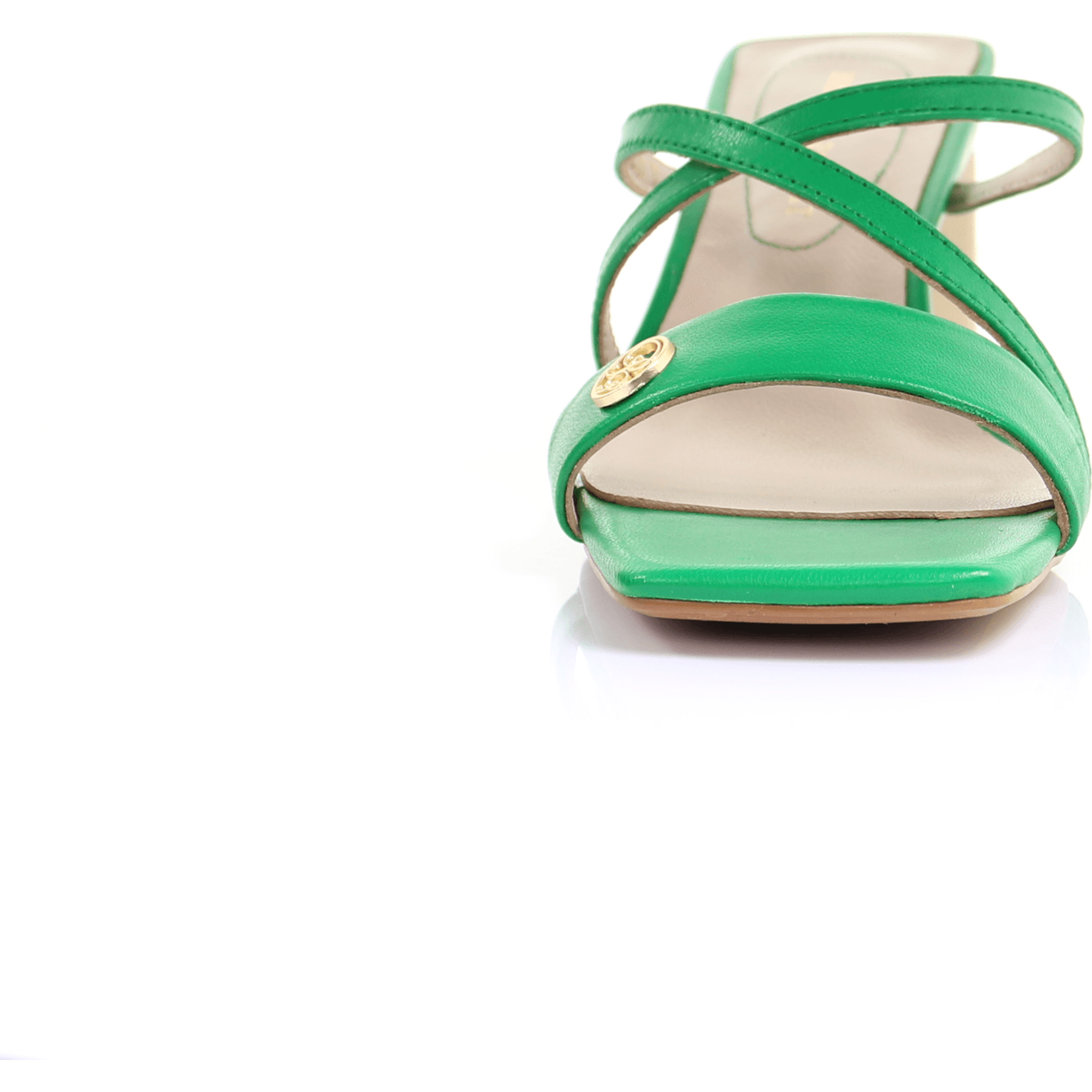 Square Toe Leather Strappy Heeled Sandal in Green.