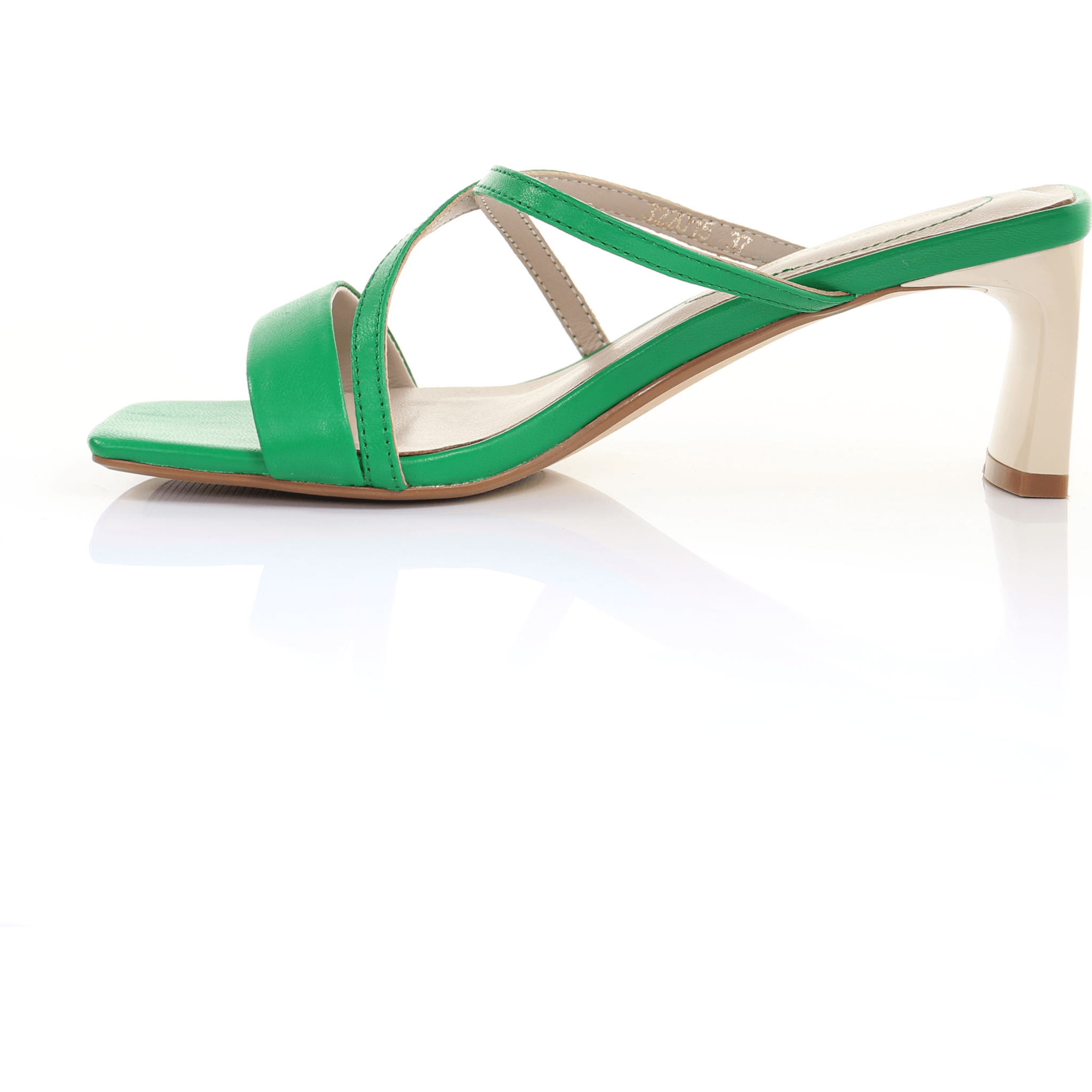 Square Toe Leather Strappy Heeled Sandal in Green.