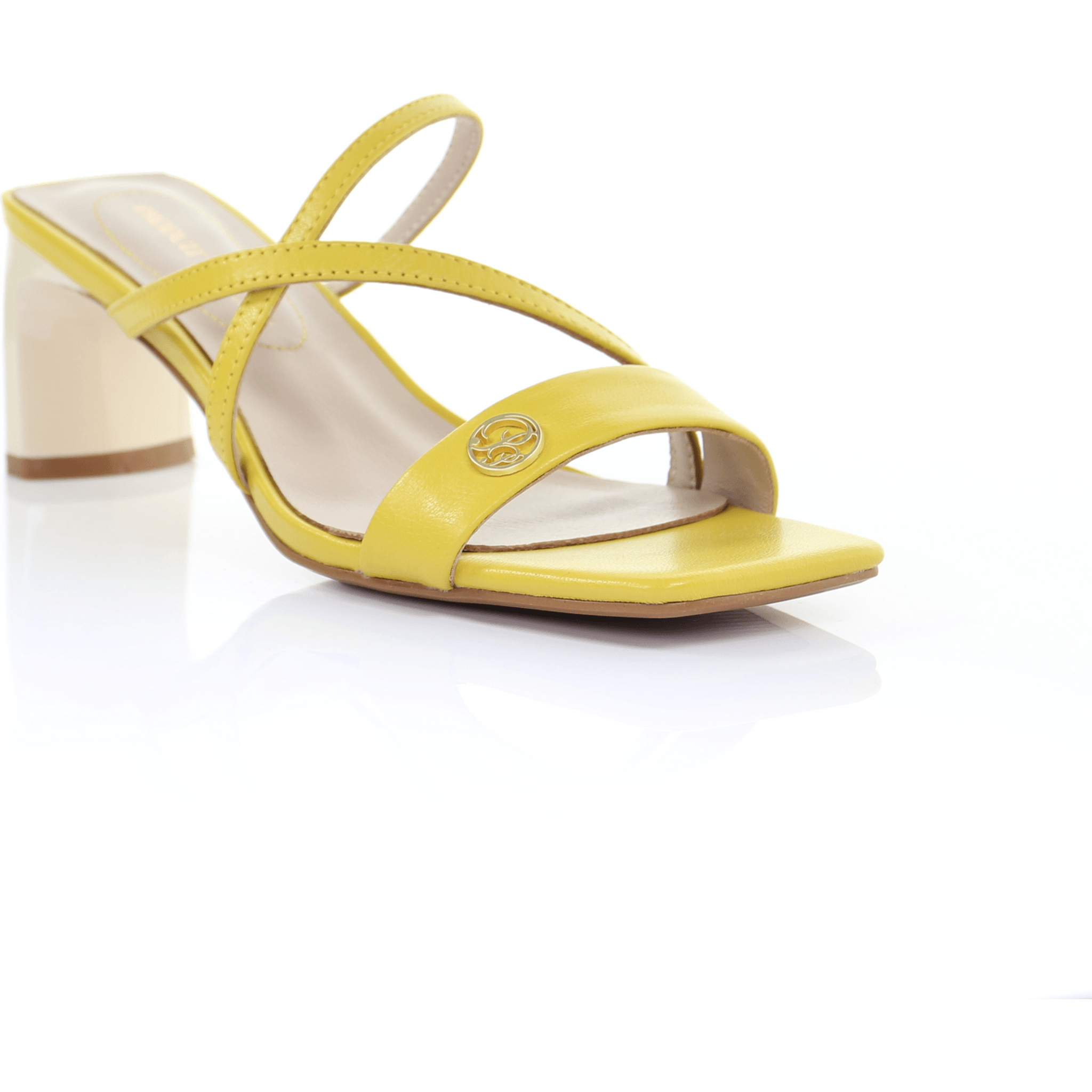 Square Toe Leather Strappy Heeled Sandal in Yellow.