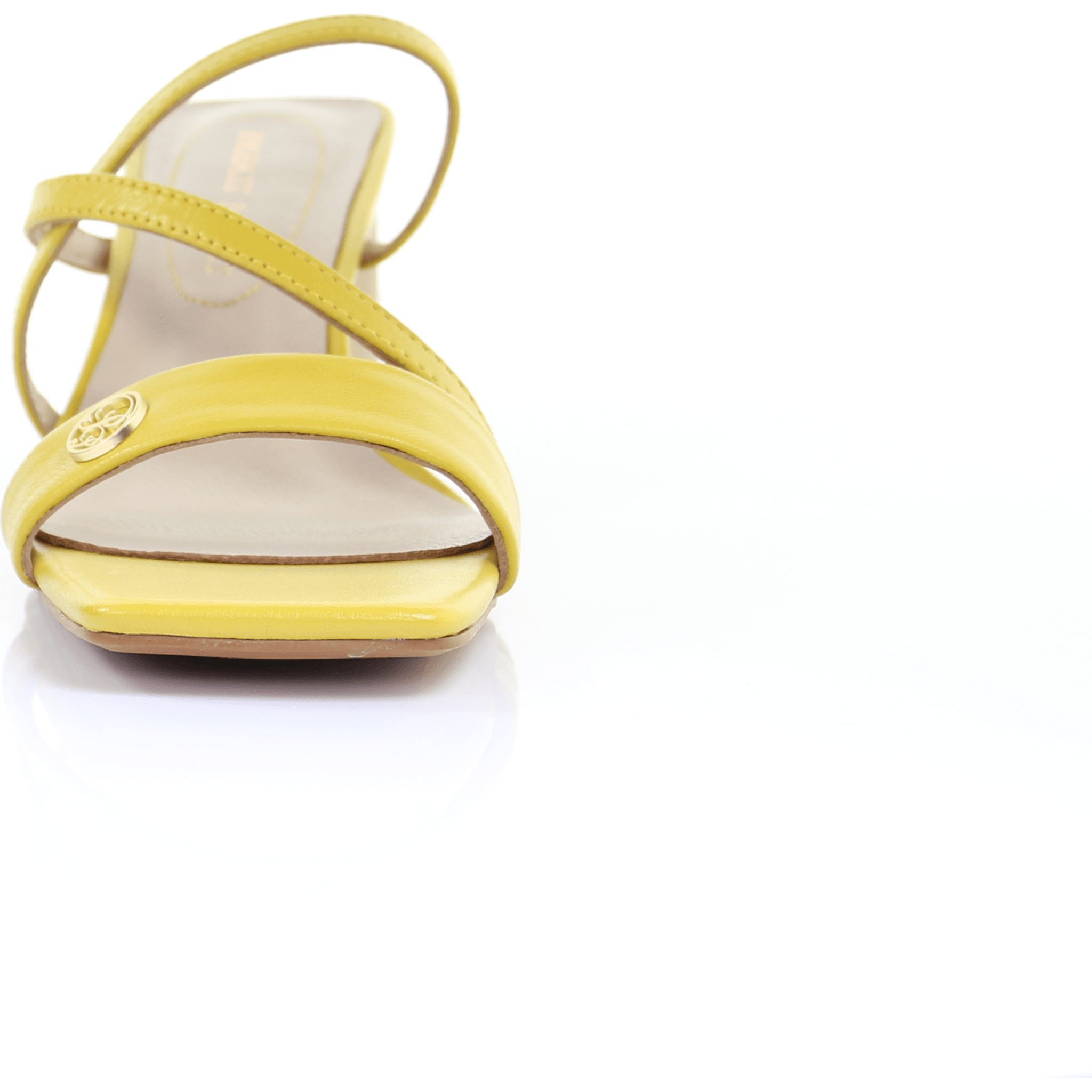 Square Toe Leather Strappy Heeled Sandal in Yellow.