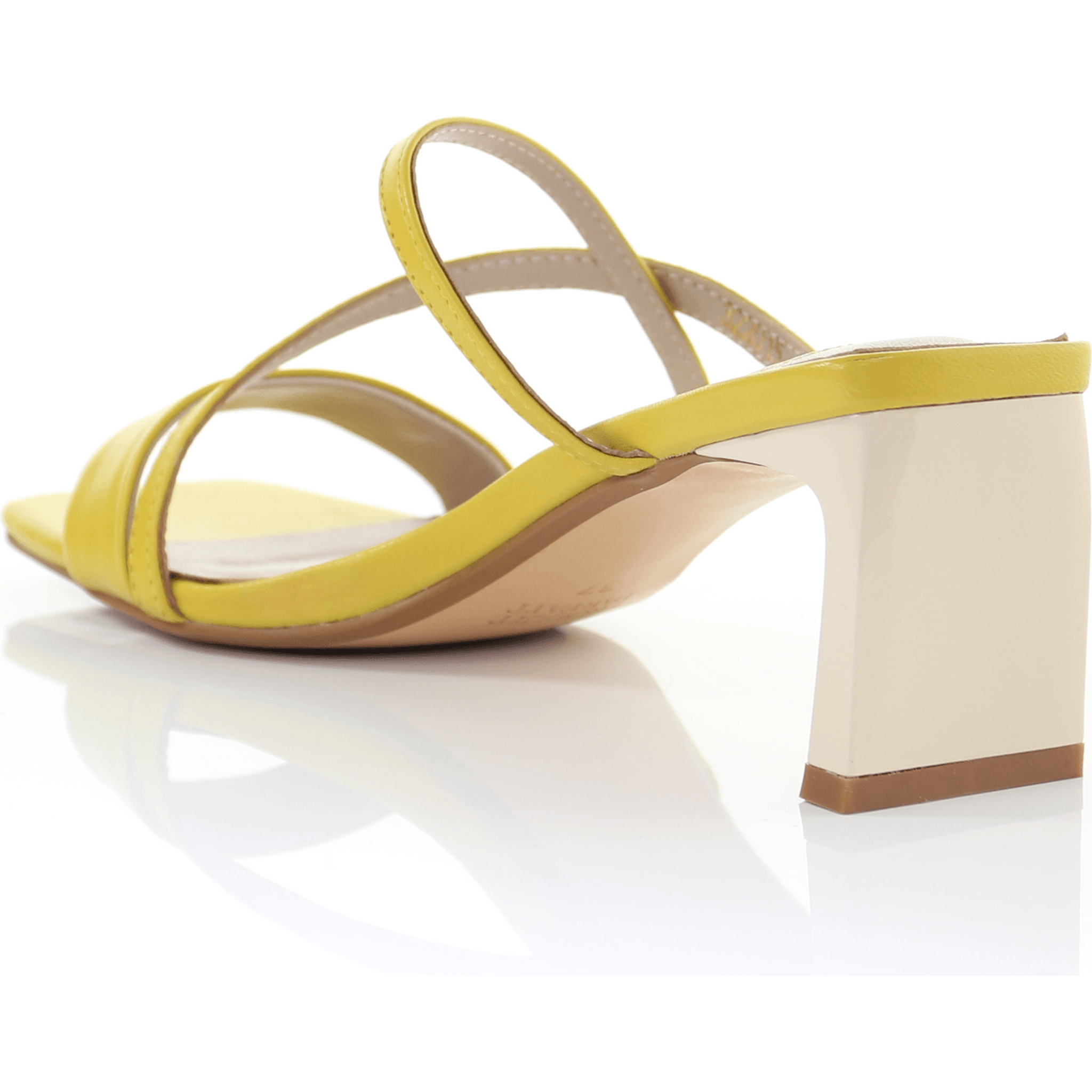 Square Toe Leather Strappy Heeled Sandal in Yellow.