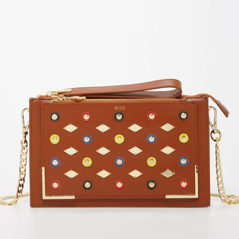 Studded Crossbody Brown Clutch