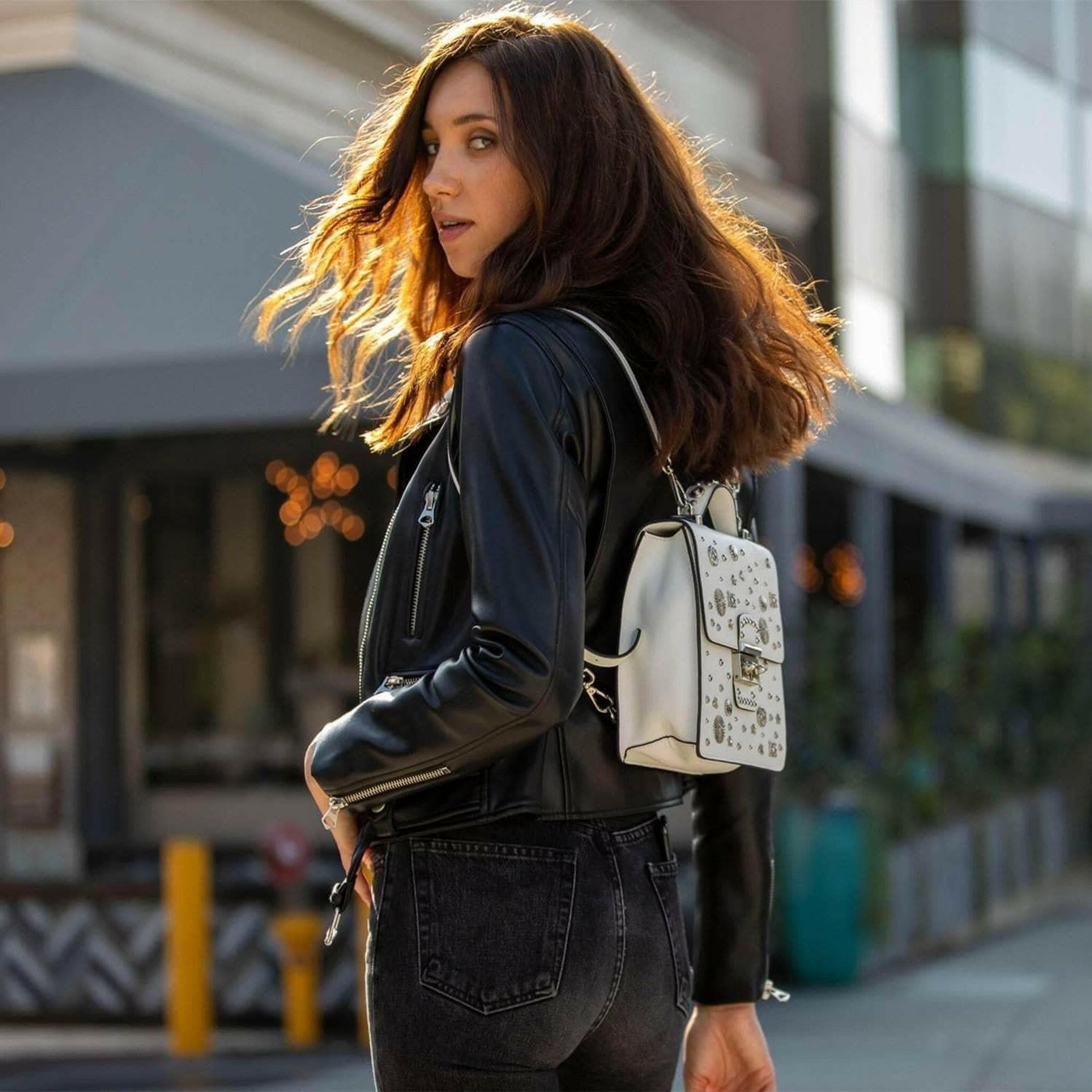 The Hollywood Backpack Leather Purse in White.