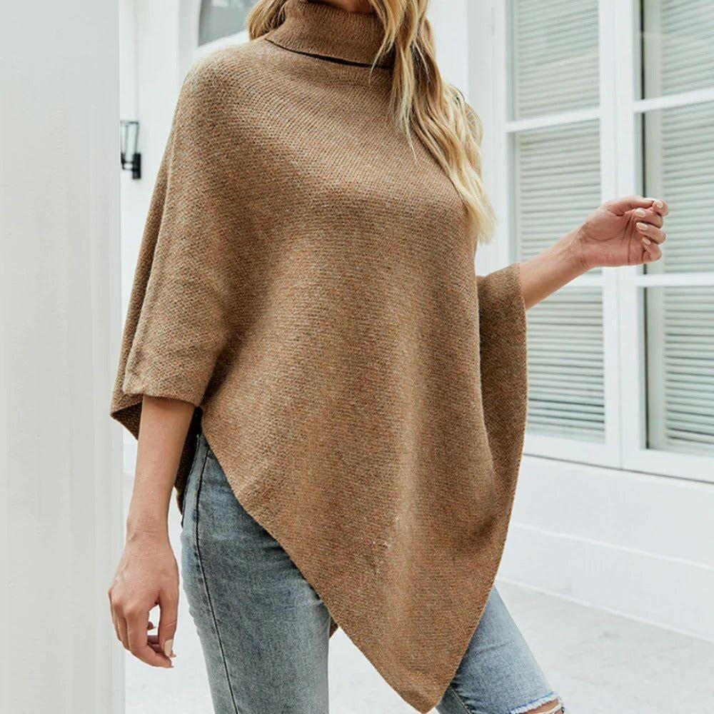 Turtleneck Poncho with Side Buttons Details.