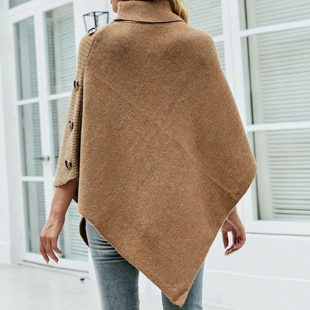 Turtleneck Poncho with Side Buttons Details.