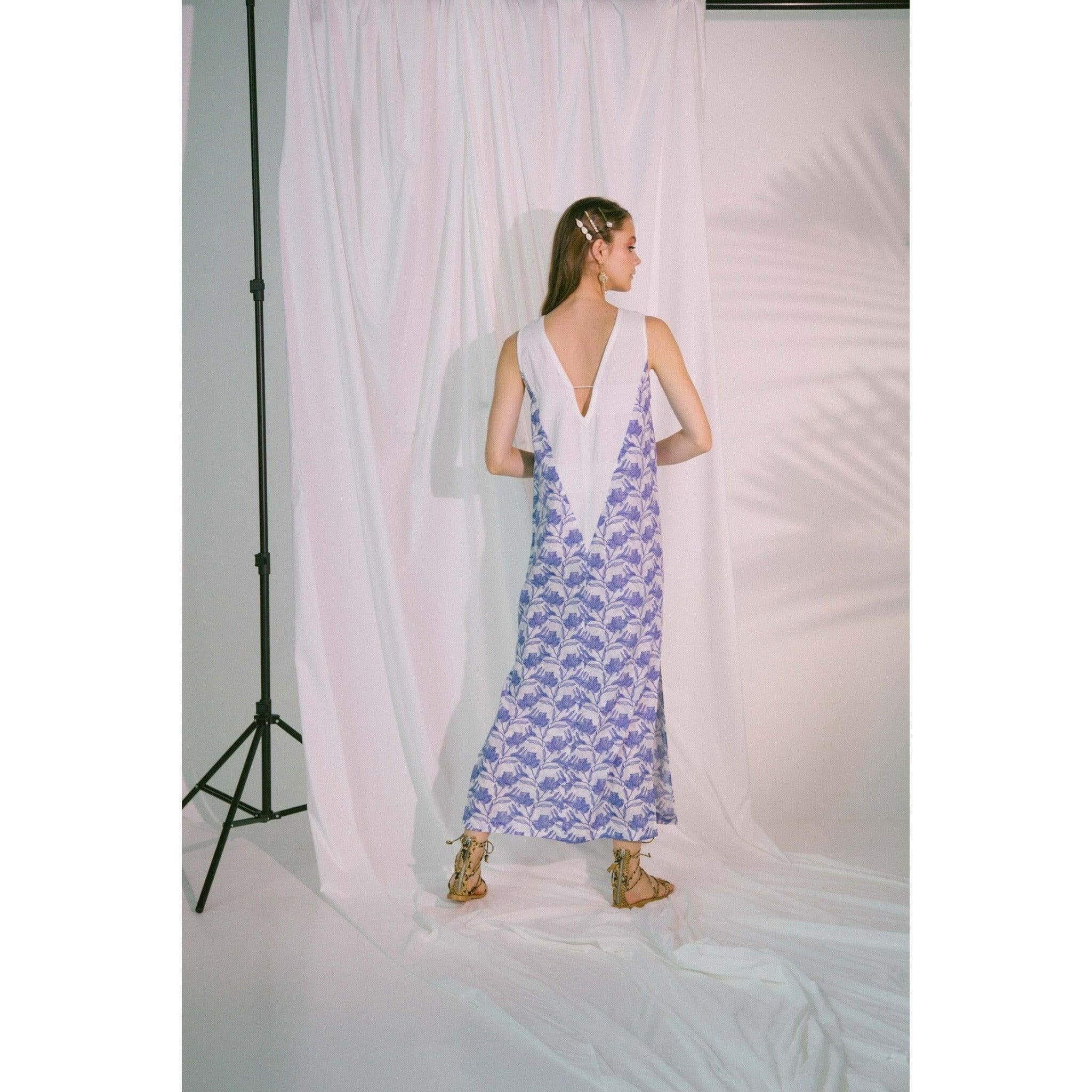 V-Neck Two Tone Beach Maxi Dress in Blue Biro.