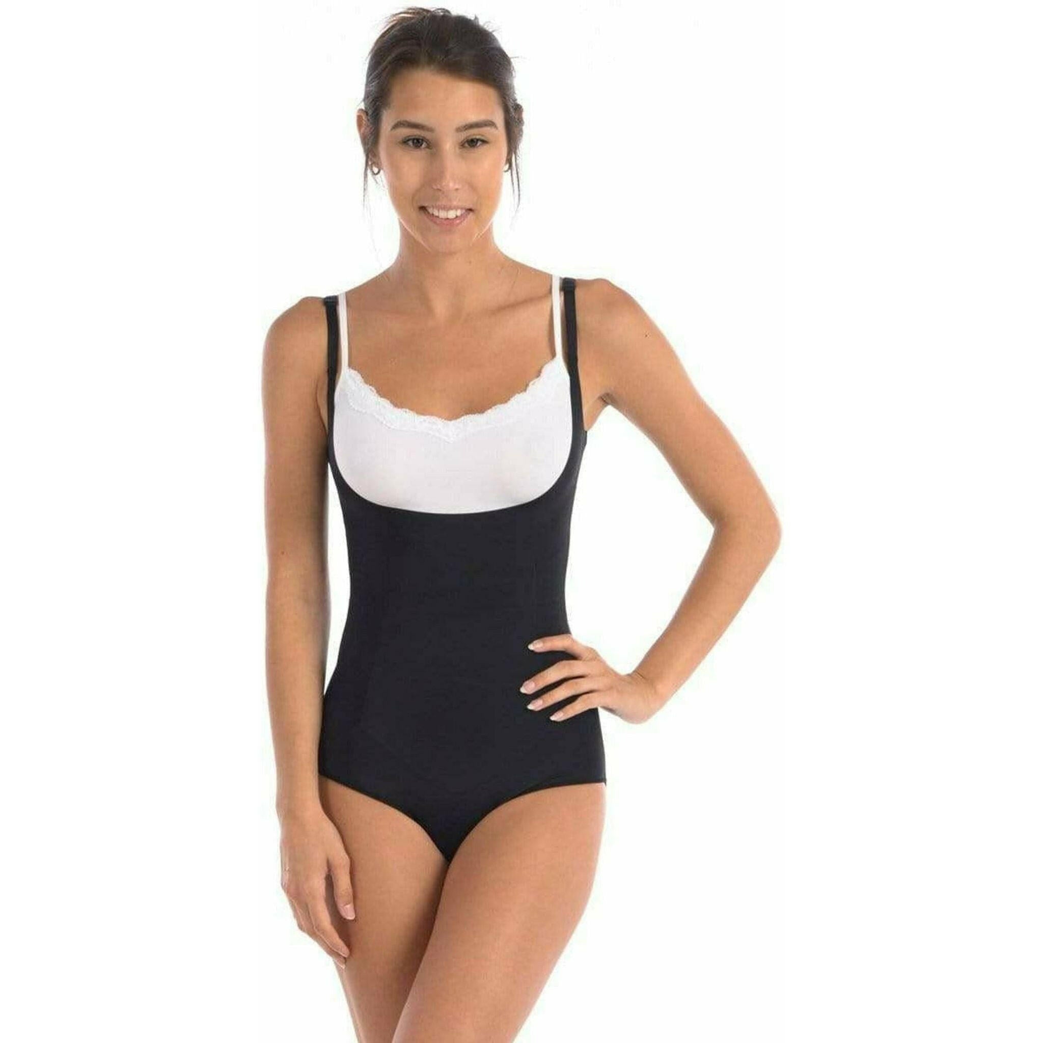 Wear Your Own Bra Bodysuit Shaper with Double Front Panel in Black.