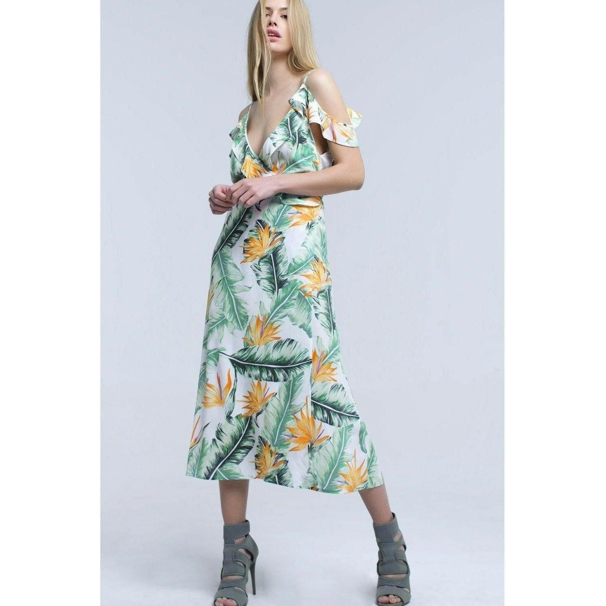 White Midi Dress in Tropical Leaves.