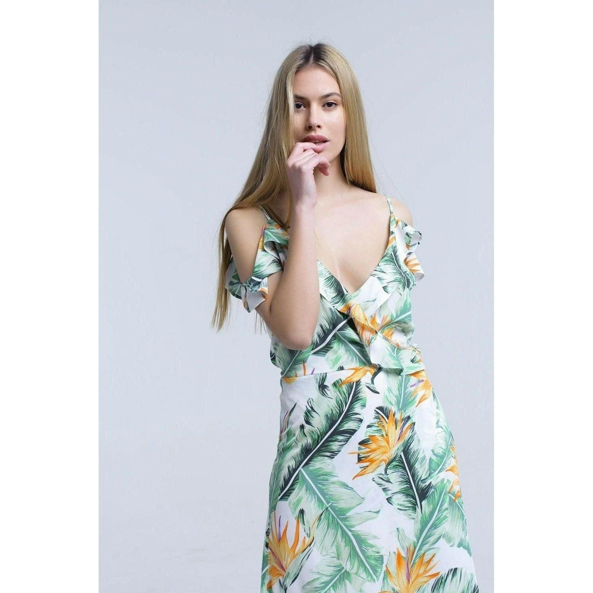 White Midi Dress in Tropical Leaves.