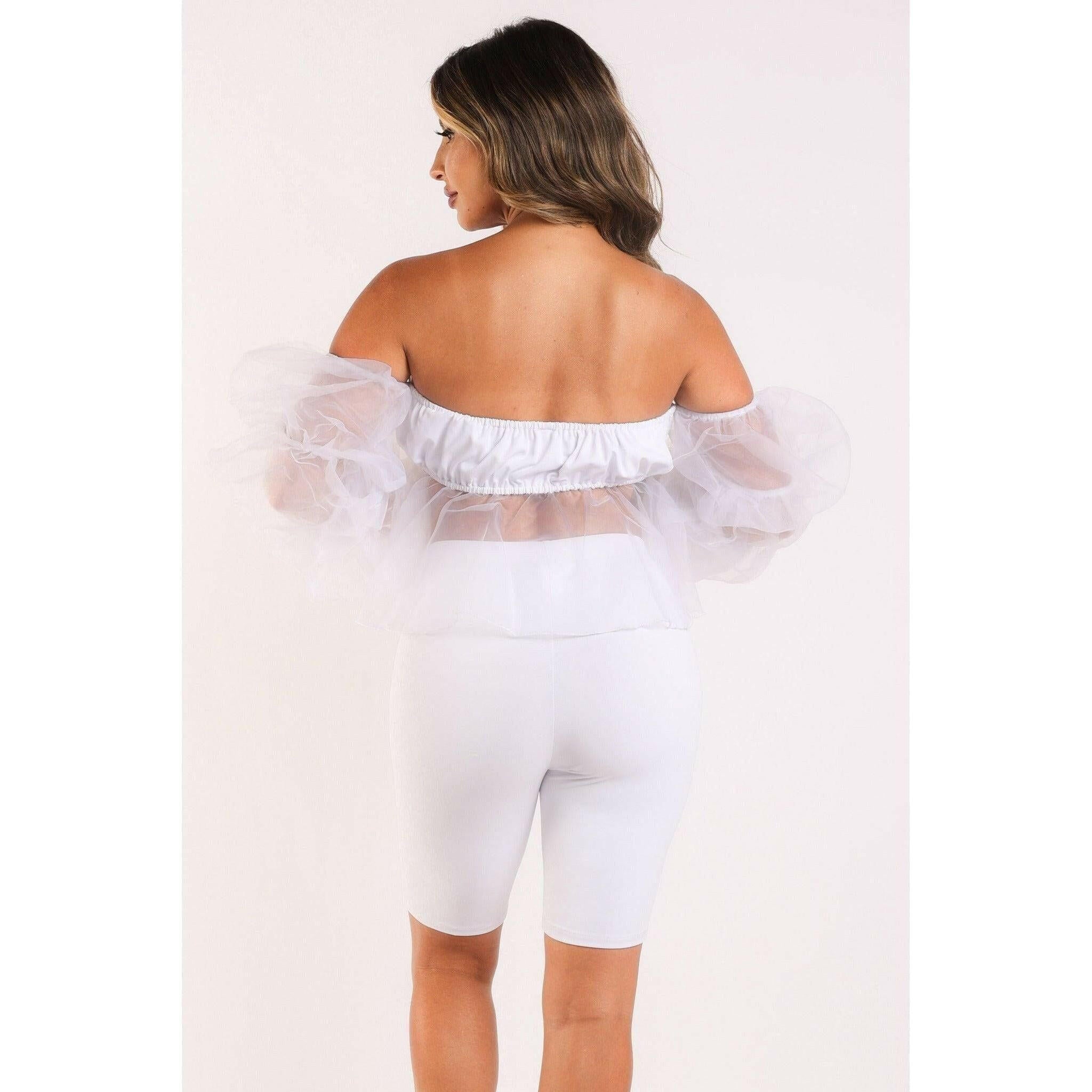 White Sexy Organza Top & Matching Shorts Set.