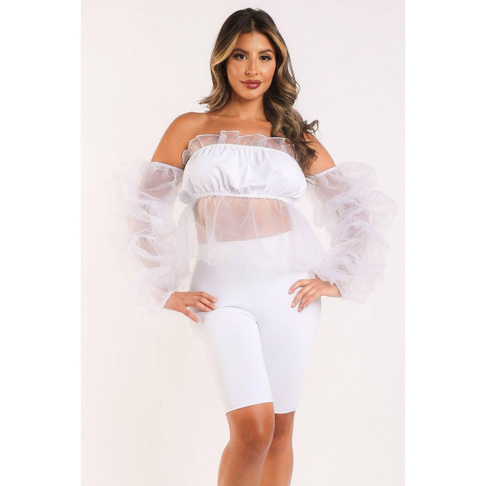 White Sexy Organza Top & Matching Shorts Set.