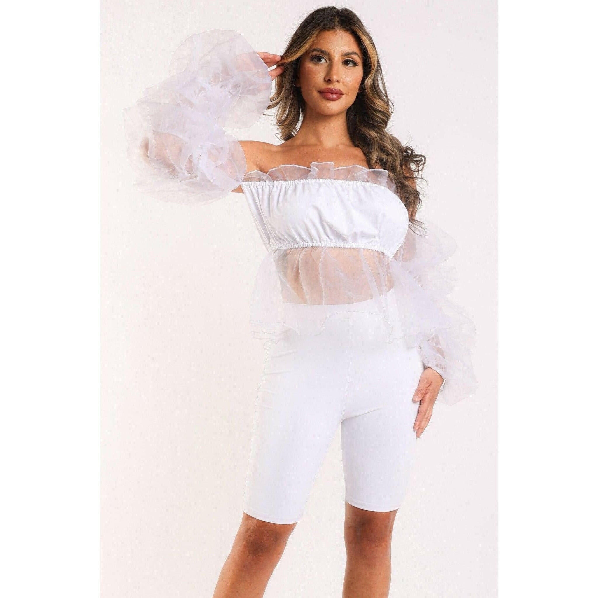 White Sexy Organza Top & Matching Shorts Set.