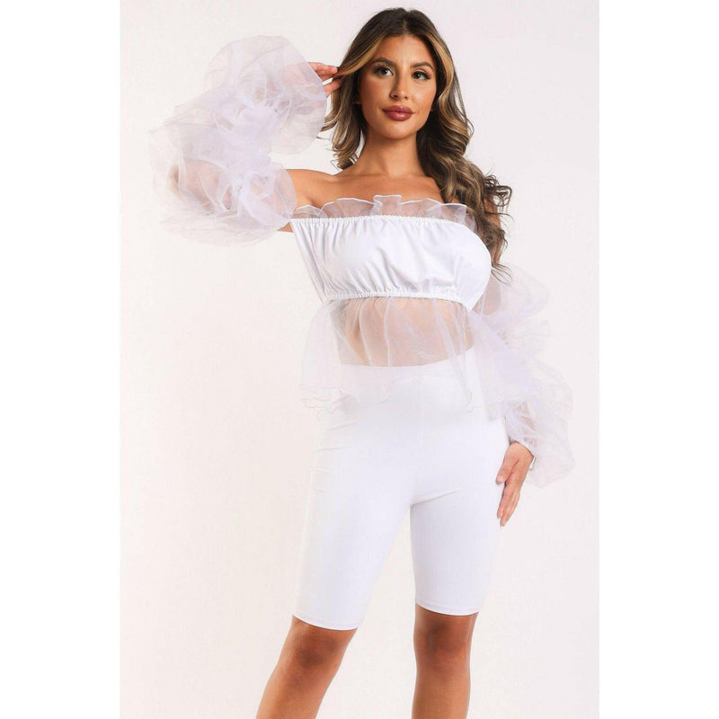 White Sexy Organza Top & Matching Shorts Set