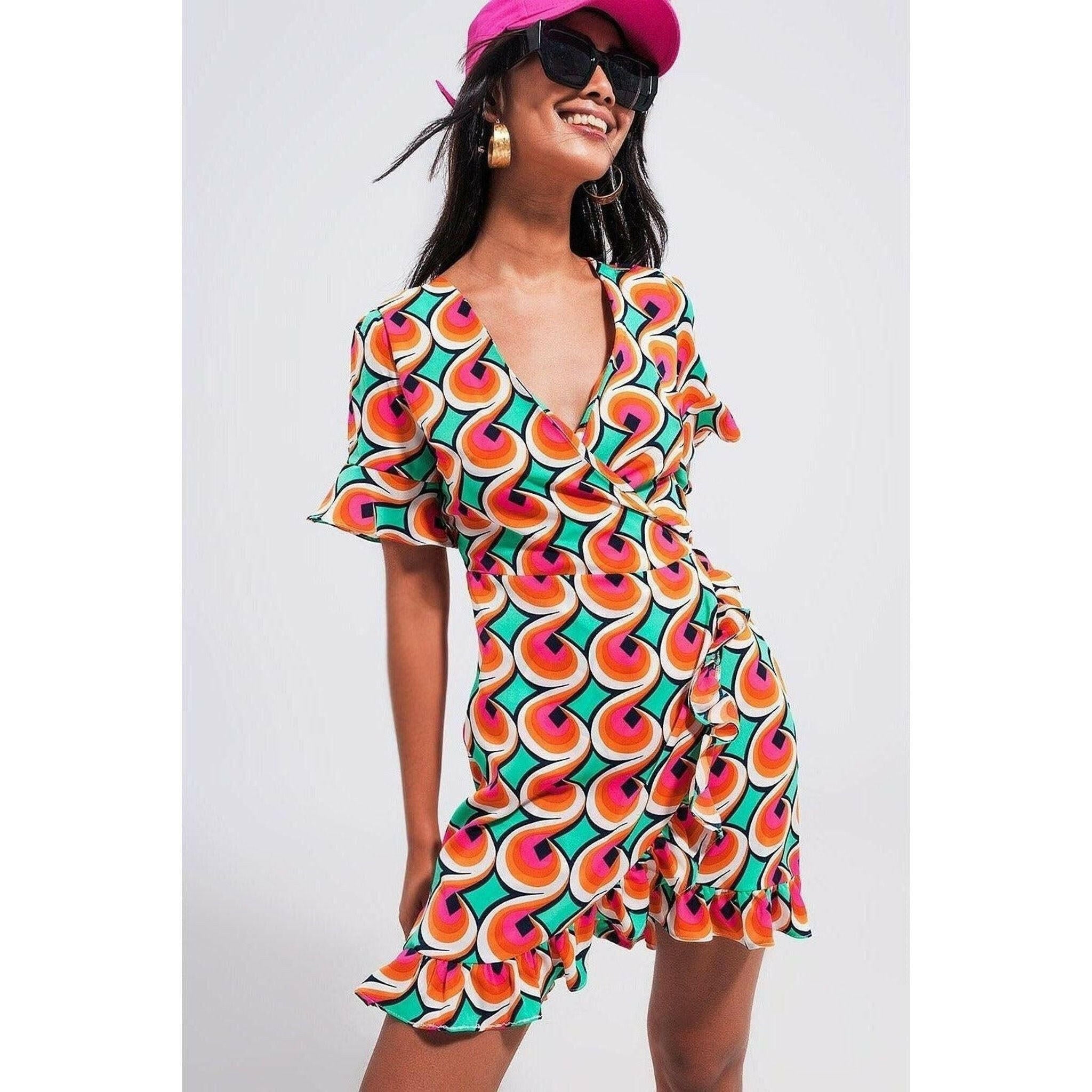 Wrap Ruffle Hem Mini Dress in 70s Orange Print.