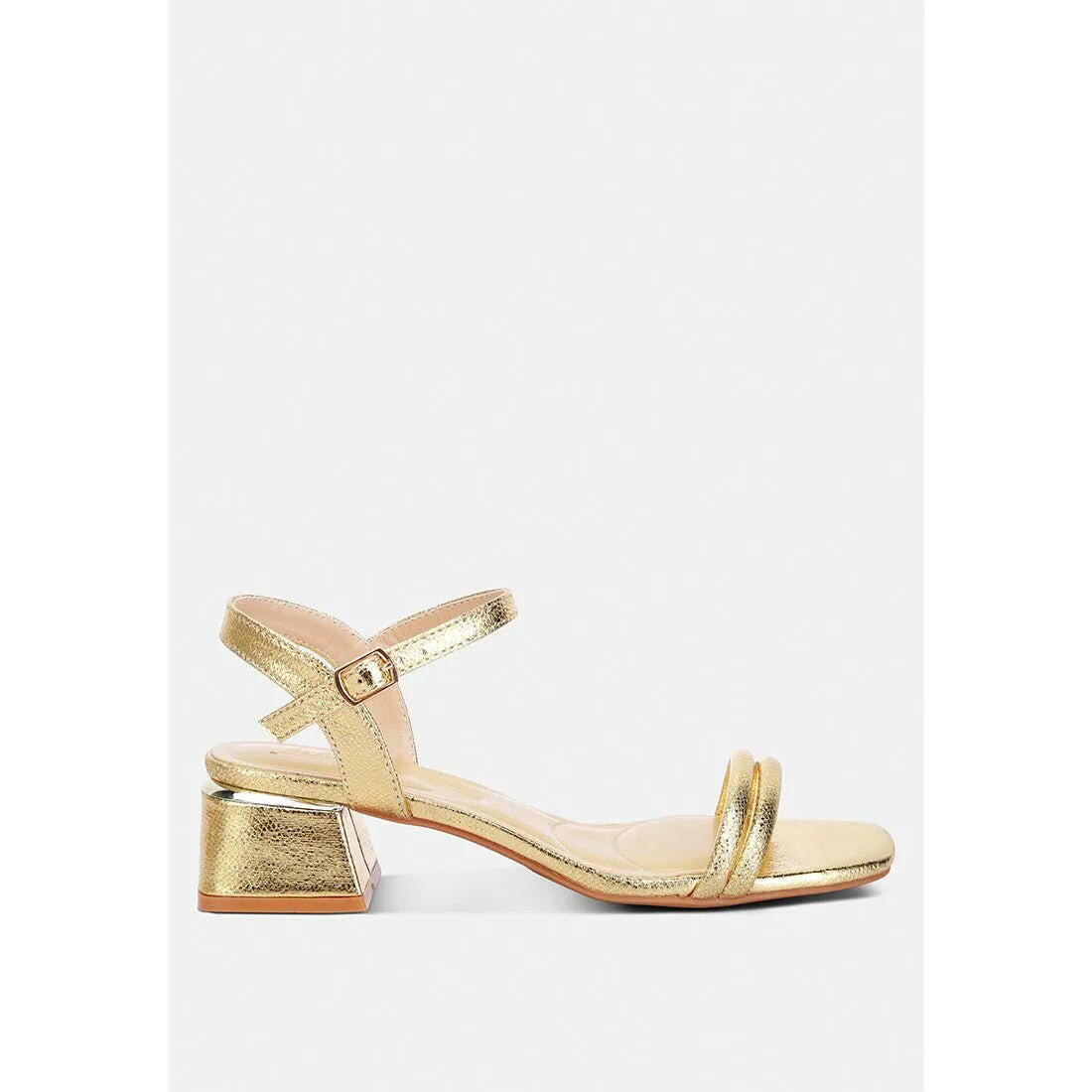 Zabou Metallic Ankle Strap Low Block Heels.