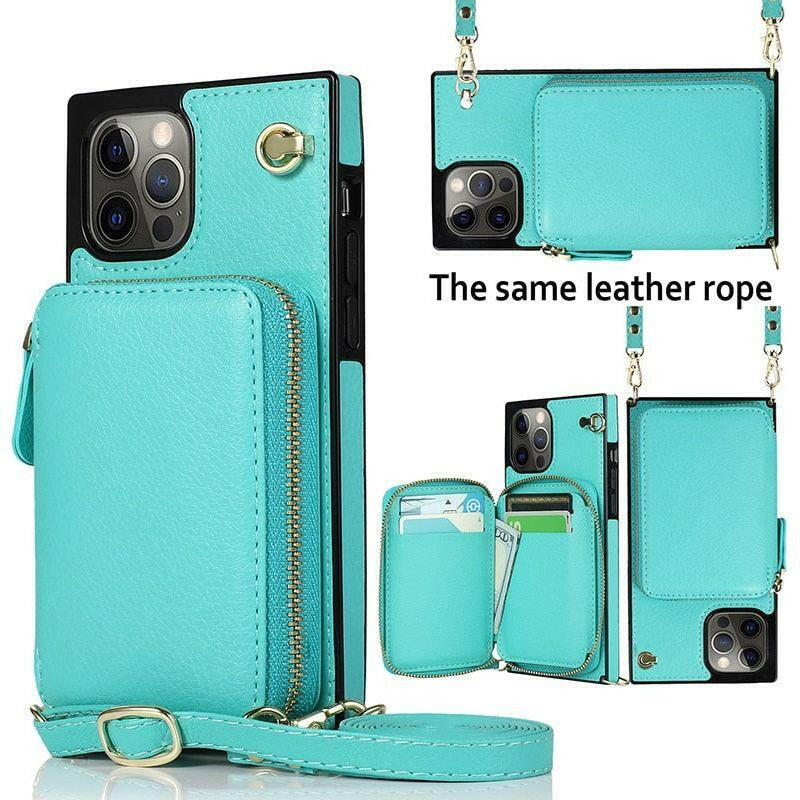 Zipper Wallet Case with Adjustable Strap for iPhone.