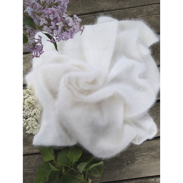 Knitted White Angora Baby Blanket.