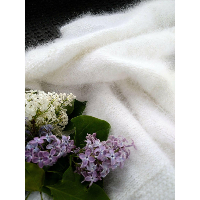 Knitted White Angora Baby Blanket.