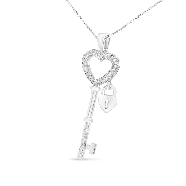 .925 SS 1/4 Cttw Diamond Lock & Key Heart 18" Pendant Necklace.