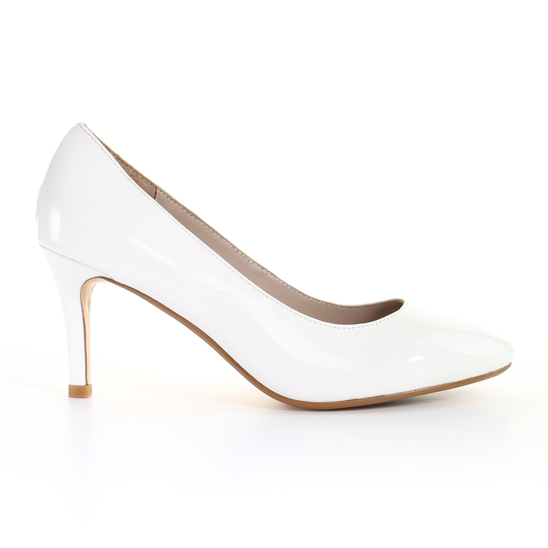 Patent Leather Round Toe Pumps in White.